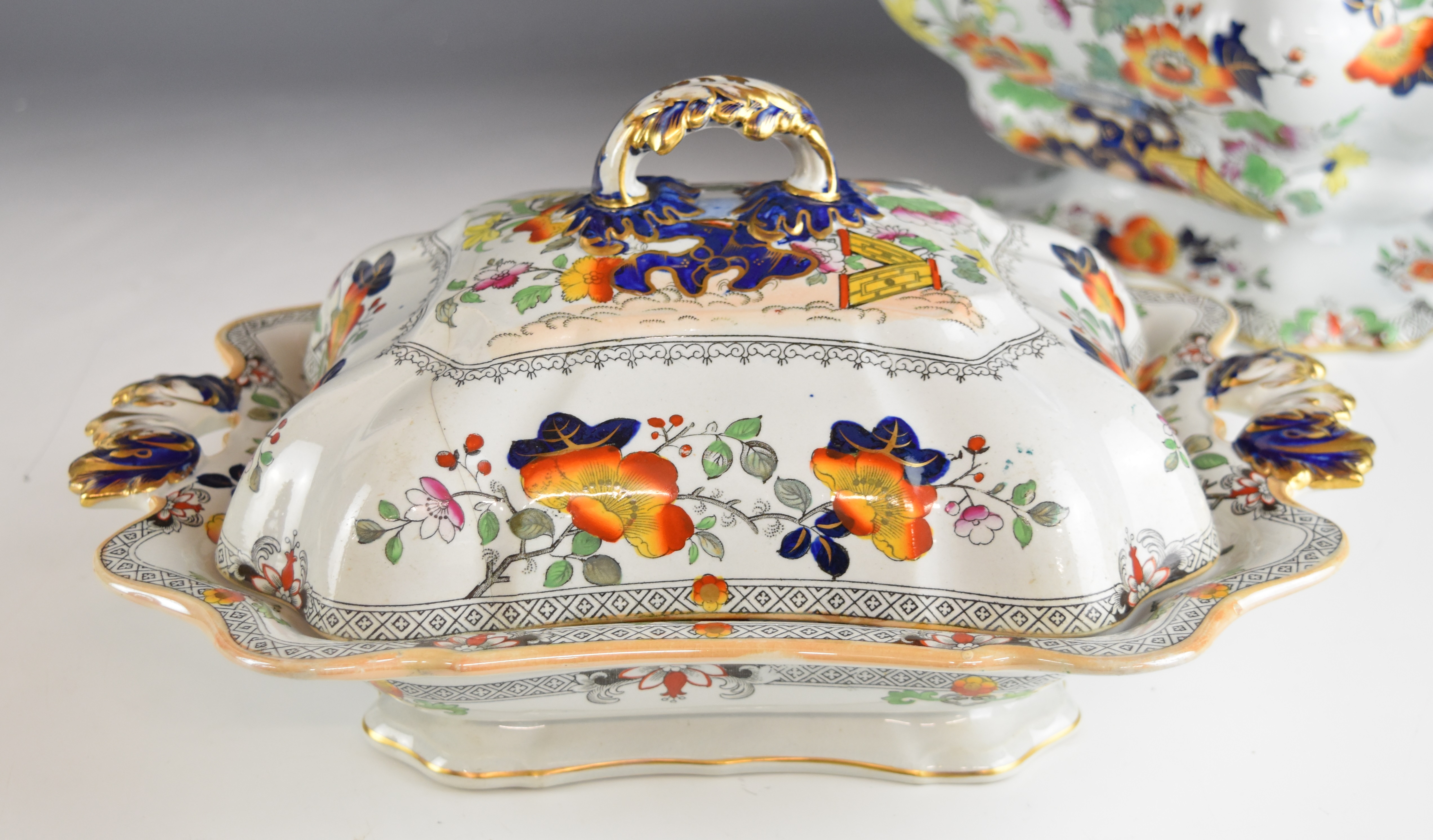 Mason's style 19thC Real Stone China two twin handled pedestal tureens and a jug, largest W35 x - Image 3 of 6