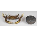 Japanese bronze covered pot and a bronze figure of a crab, largest diameter 17cm