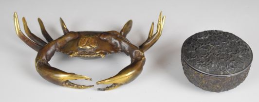 Japanese bronze covered pot and a bronze figure of a crab, largest diameter 17cm