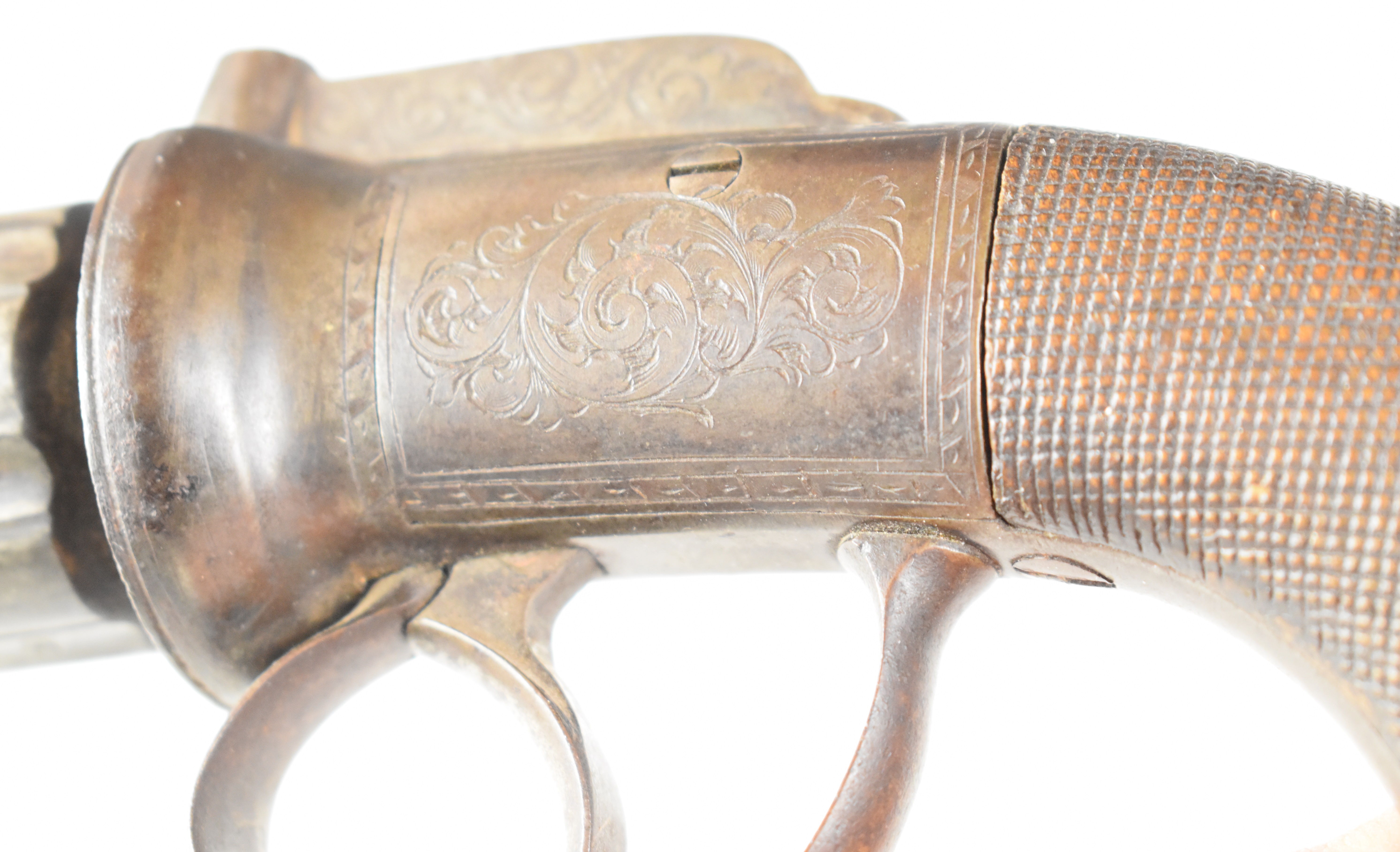 Unnamed six-shot bar hammer action percussion pepperbox revolver or pistol with engraved lock, top - Image 2 of 15