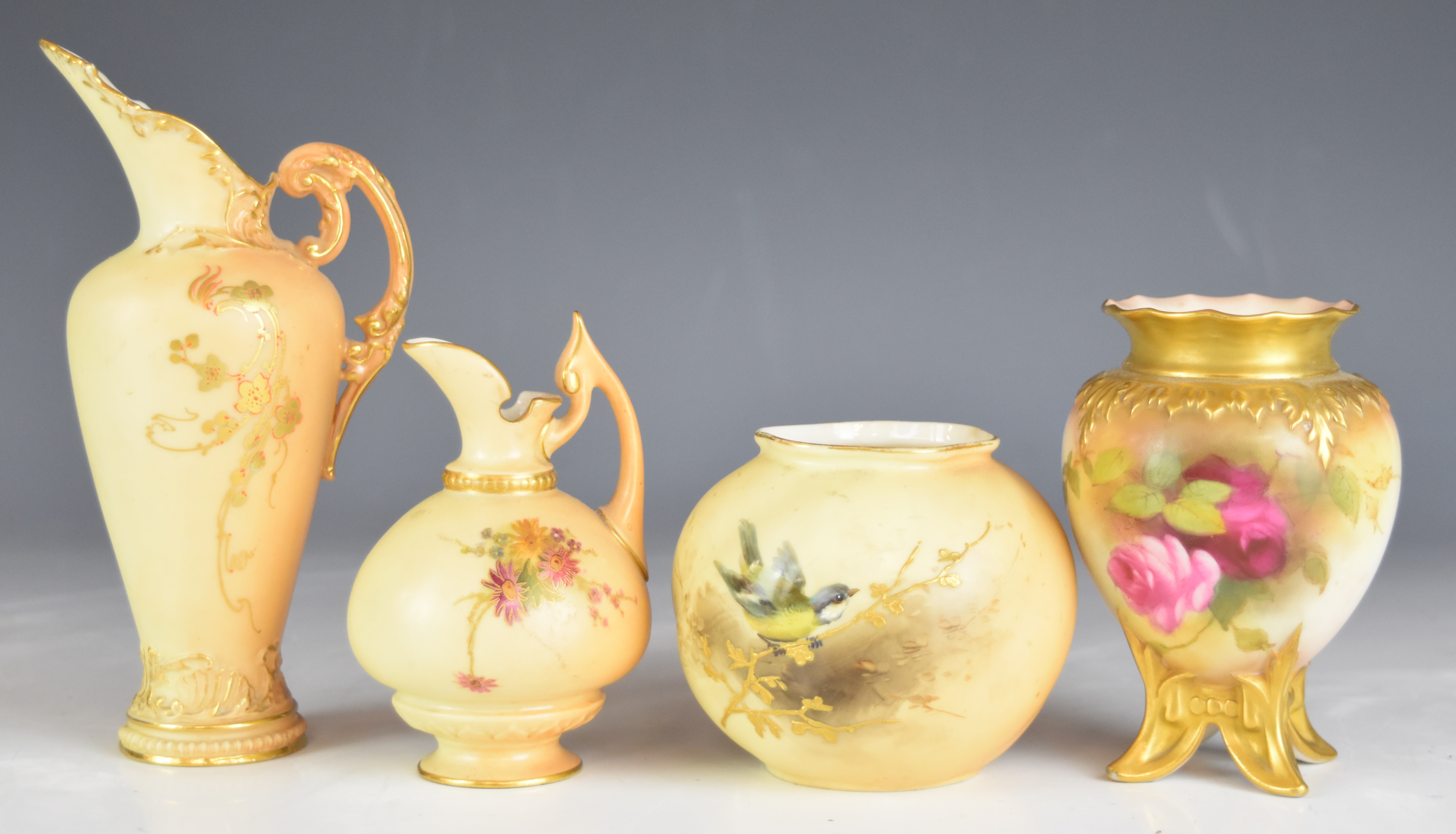 Four Royal Worcester blush ivory footed vases and ewers including one with decoration of roses and - Image 13 of 24