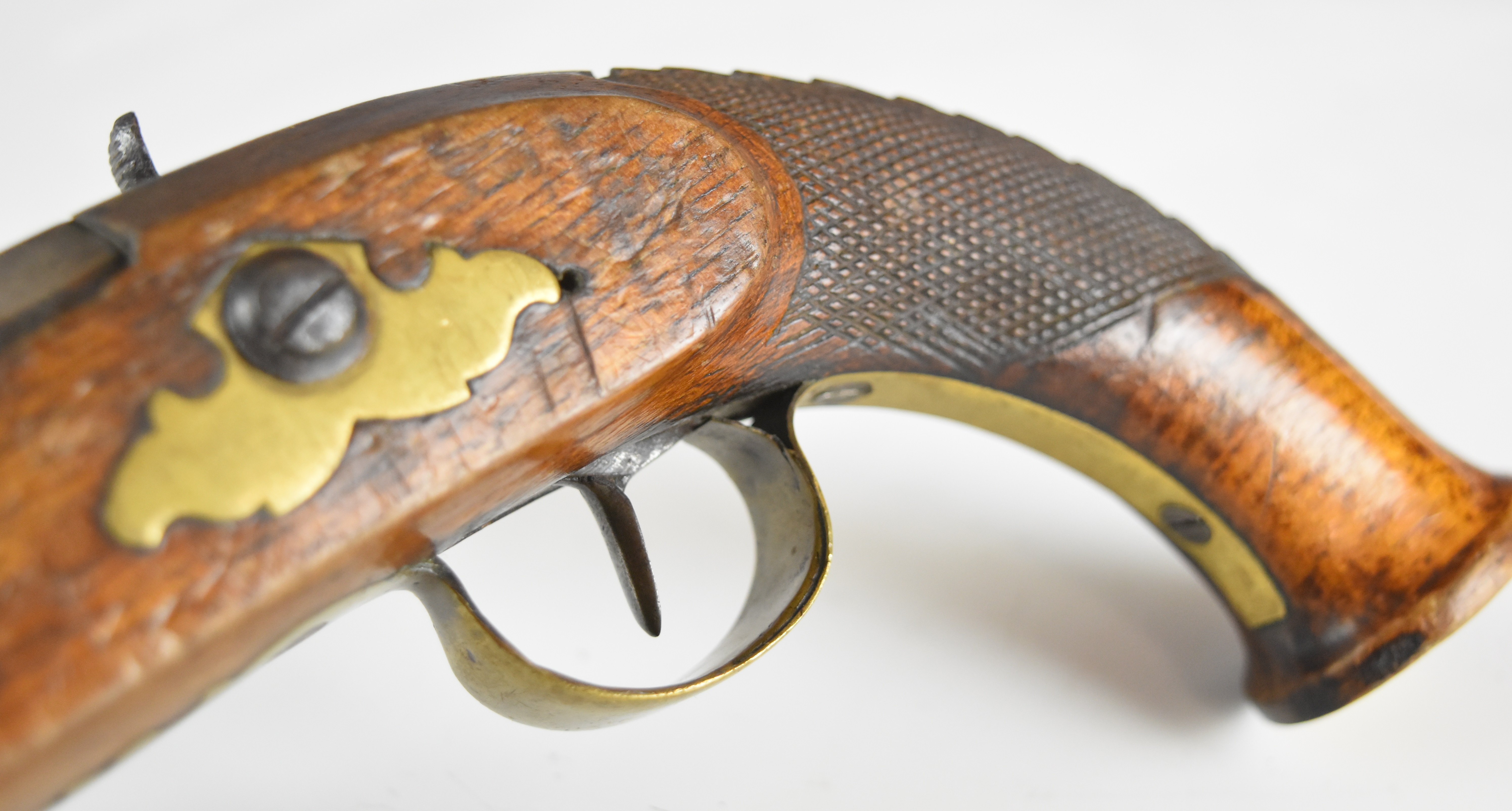 Unnamed percussion converted from flintlock hammer action coat pistol with shaped hammer, brass - Image 6 of 12