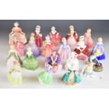 Twenty Royal Doulton figurines including Rose, River Boy, Cissie, Goody Two Shoes, Monica etc,