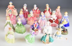 Twenty Royal Doulton figurines including Rose, River Boy, Cissie, Goody Two Shoes, Monica etc,