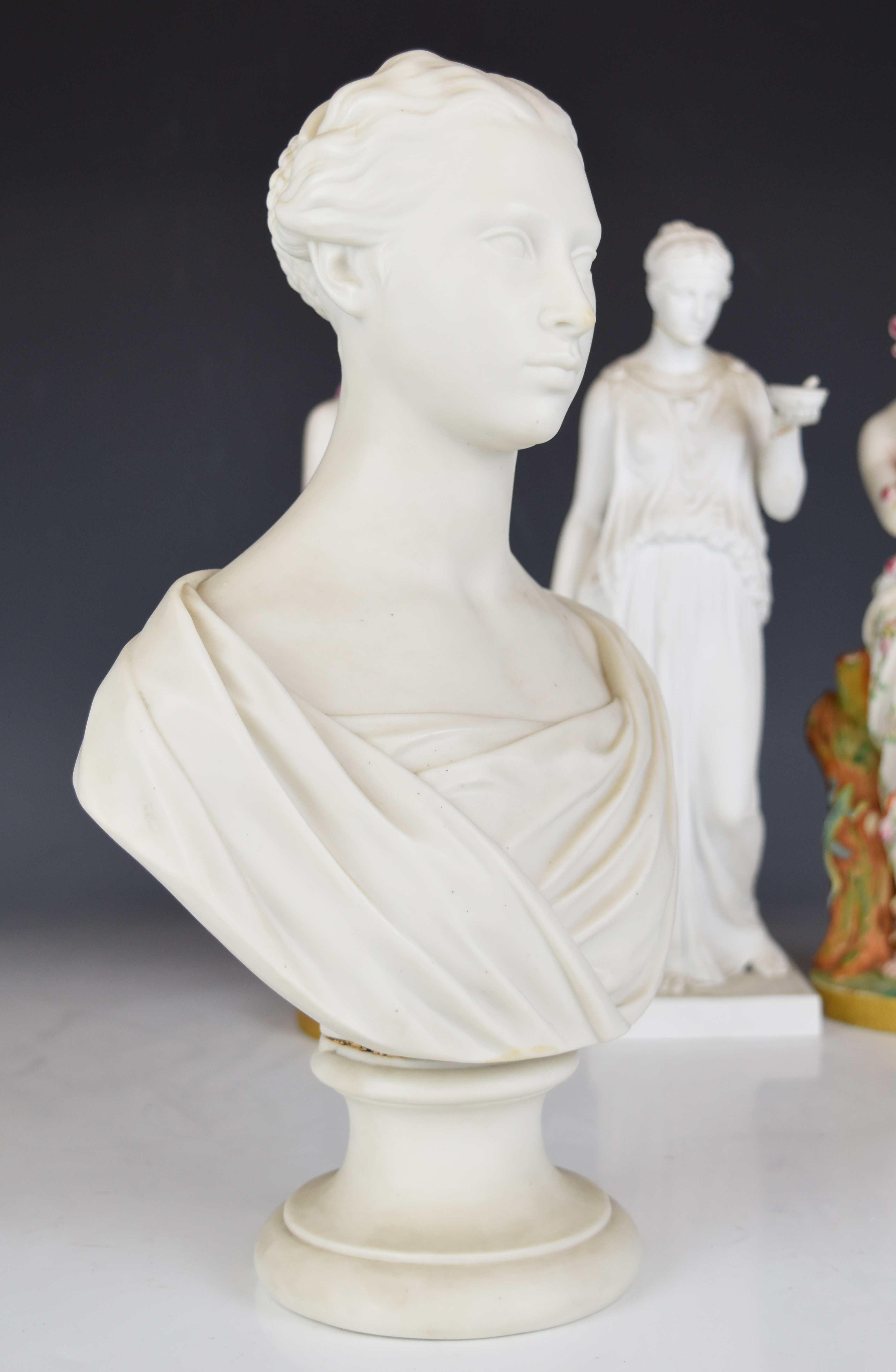 Pair of continental semi nude figurines, Parian ware continental bust and a Copenhagen figure, - Image 8 of 12