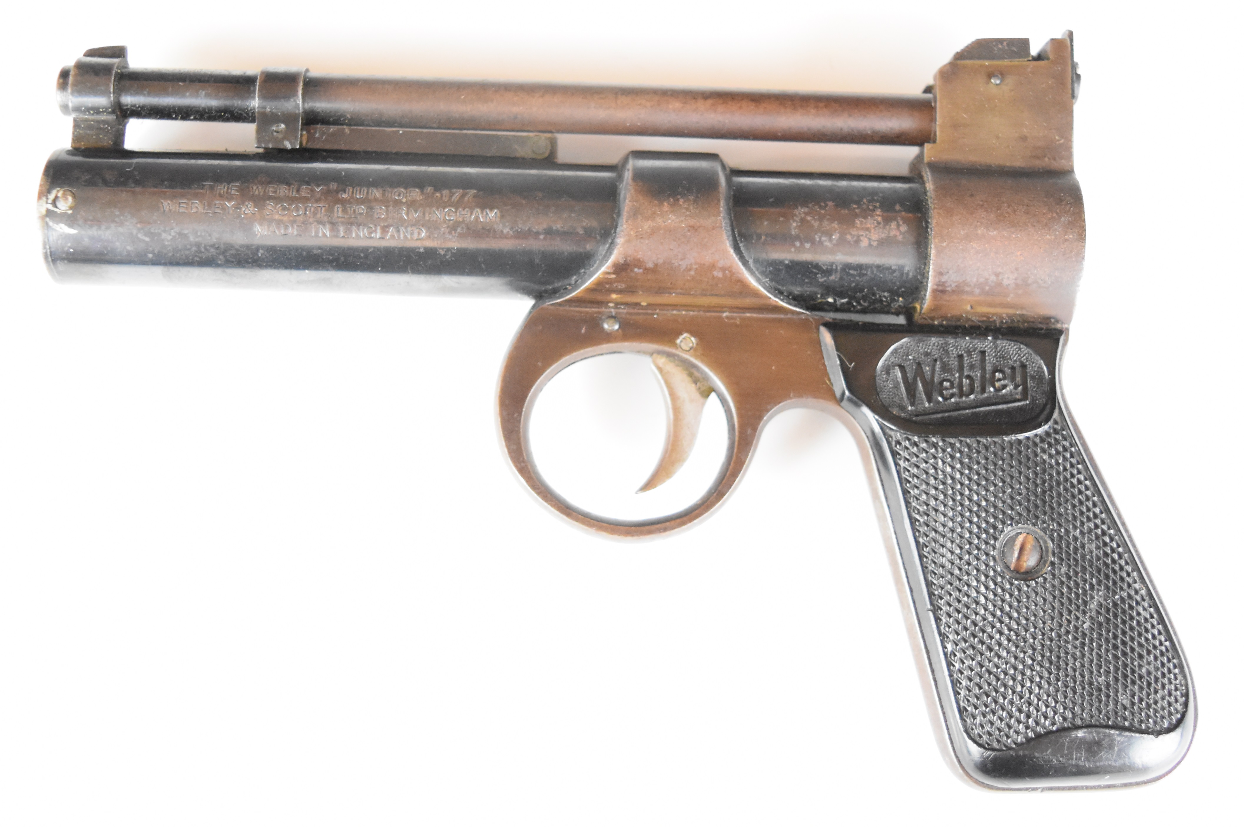 Webley Junior .177 air pistol with named and chequered composite grips and adjustable sights, serial - Image 2 of 12