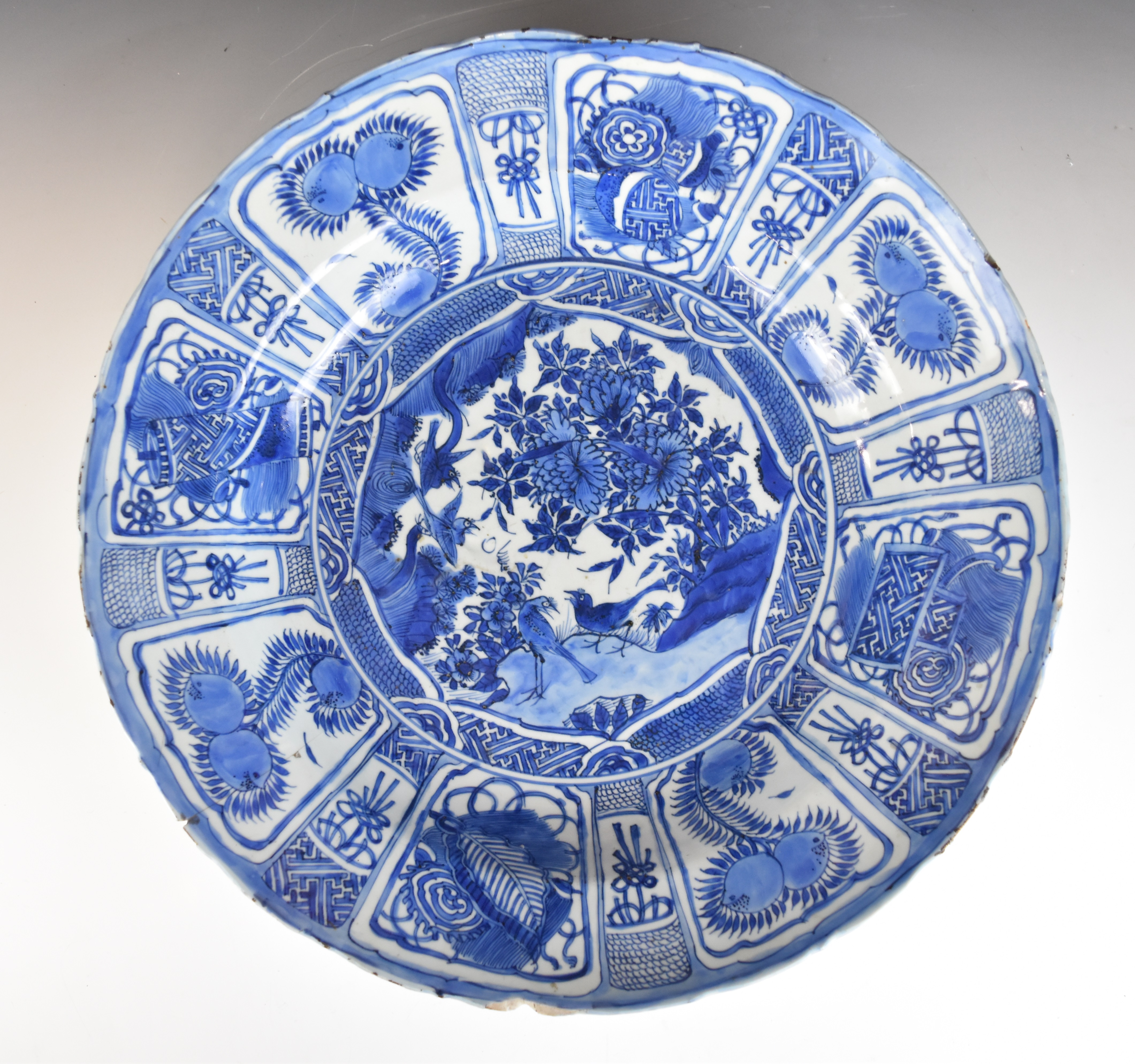 Chinese Kraak porcelain large charger or bowl with central decoration of flora and fauna, diameter