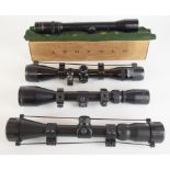 Four various rifle scopes Hawke Sport HD 3-9x40, Yashica 2.5x-8x32, Rhino 4x40 and Edgar Brothers
