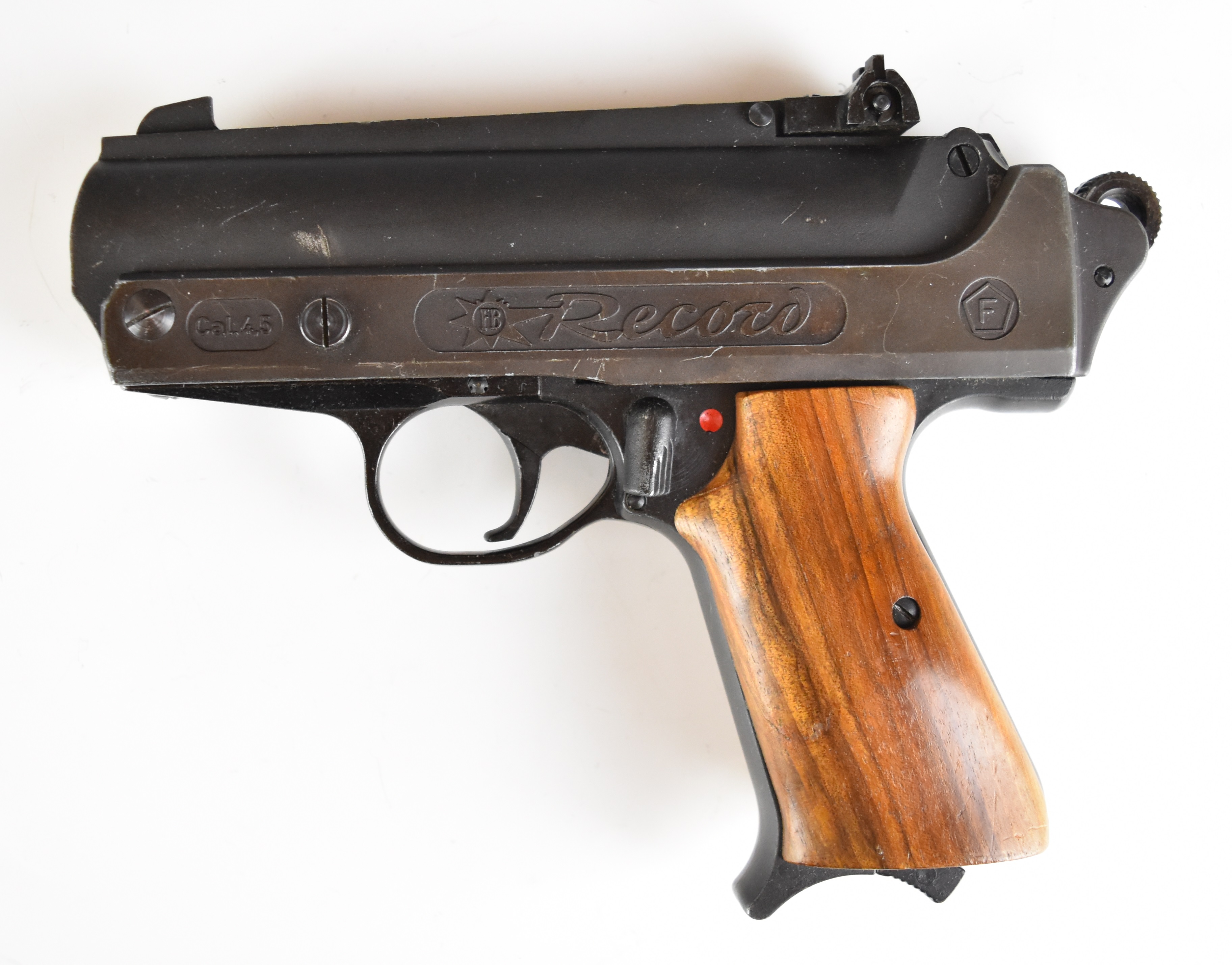 FB Record Jumbo .177 air pistol with shaped wooden grips and adjustable sights, serial number 10792. - Image 2 of 12