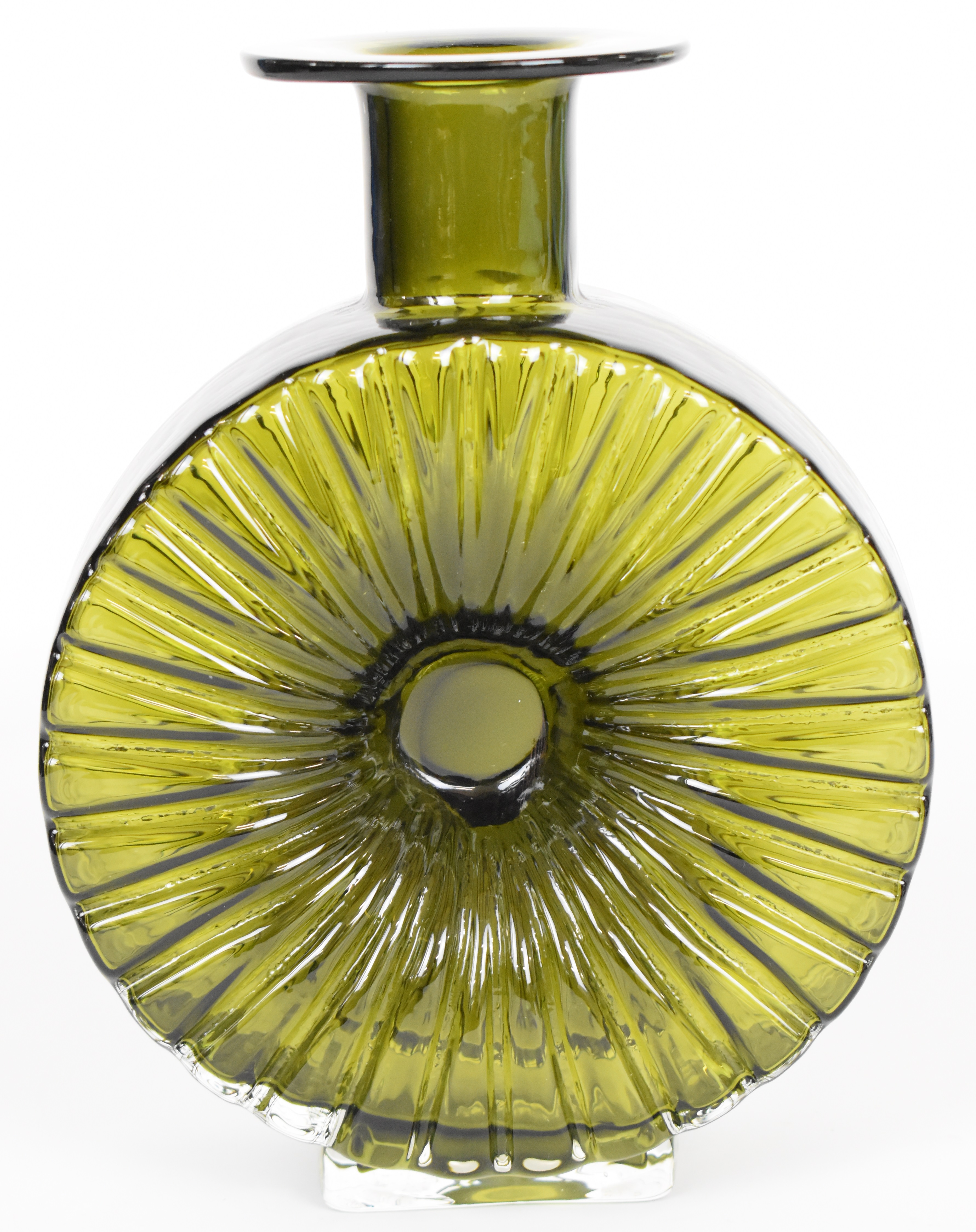 Helena Tynell for Riihimaen Lasi Riihimaki Aurinkopullo Sun Bottle glass vase in sage green, 23cm