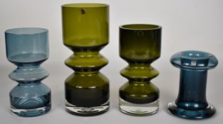 Four Tamara Aladin for Riihimaen Lasi Riihimaki glass vases in sage green and indigo blue, two