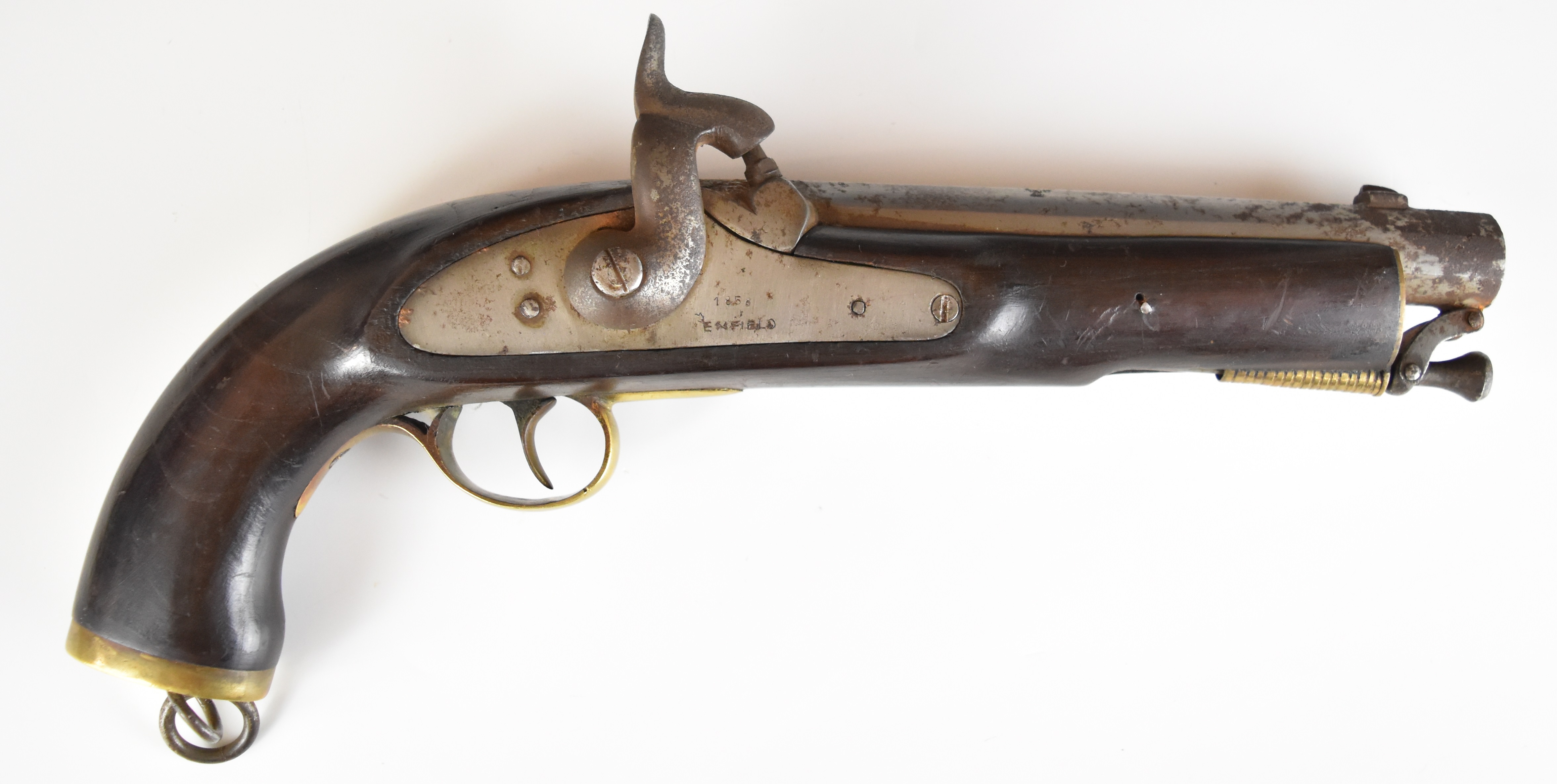 Enfield percussion hammer action sea-service pistol with lock stamped '1858 Enfield' brass trigger
