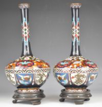 A pair of Chinese cloisonné vases on hardwood stands, height 35cm with stands