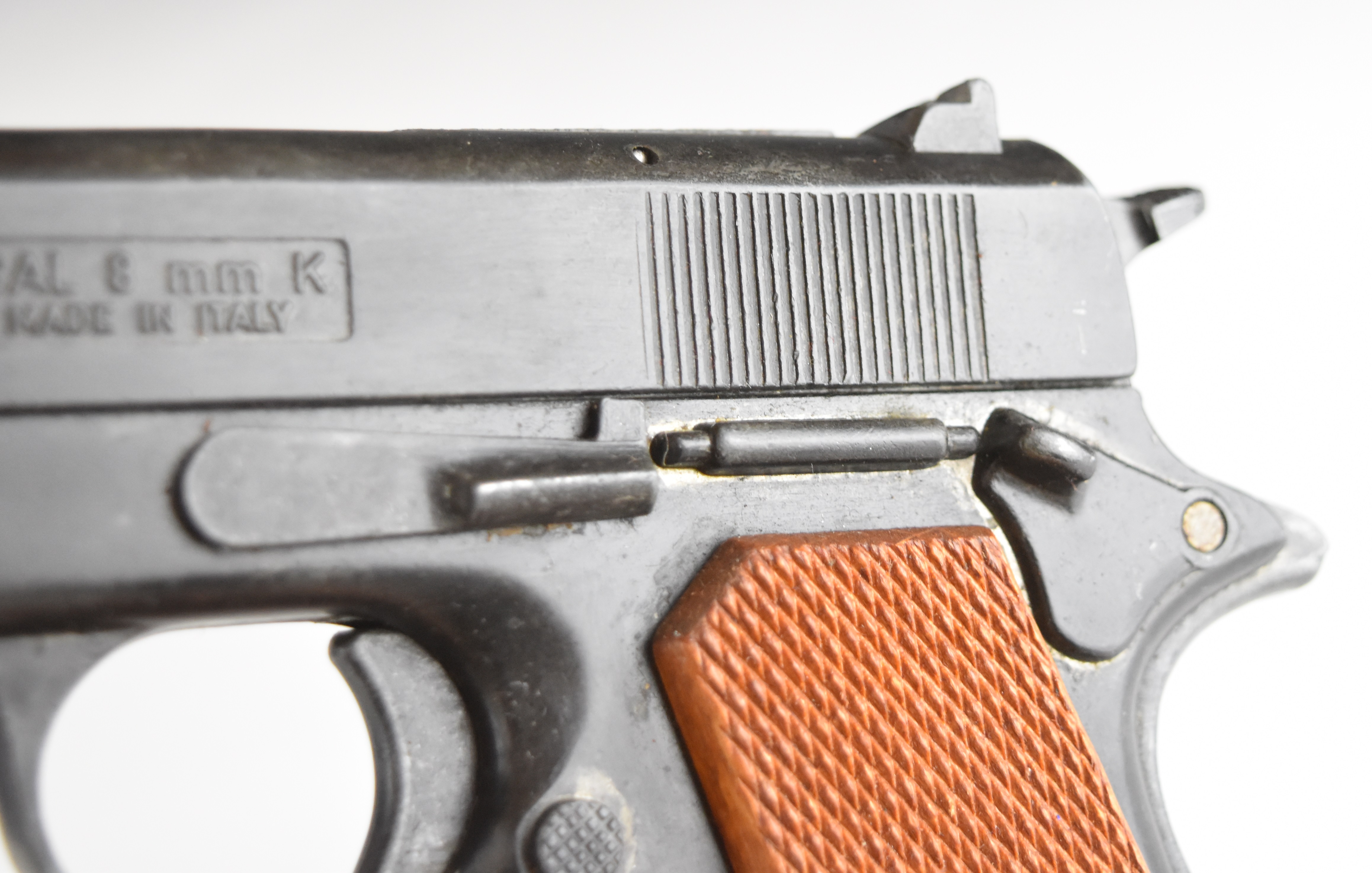 BBM Bruni 8mm blank firing pistol with chequered wooden grips, in original fitted box. - Image 10 of 14