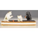 19thC novelty miniature porcelain tableau of three kittens playing, W10 x D4.5 x H4.5cm