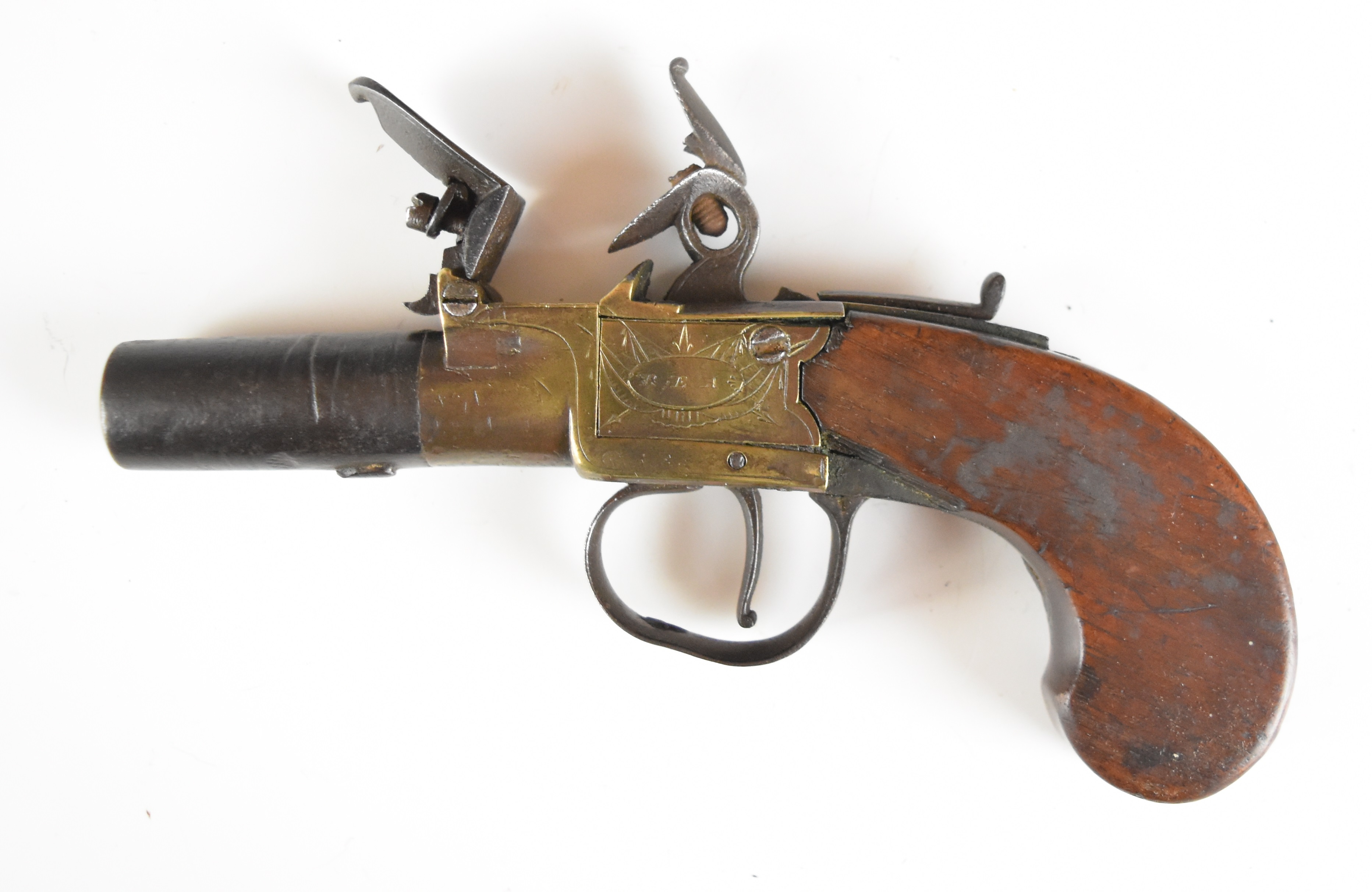 Rea of London flintlock pocket pistol with named and engraved brass lock, thumb slide safety, shaped - Image 2 of 11