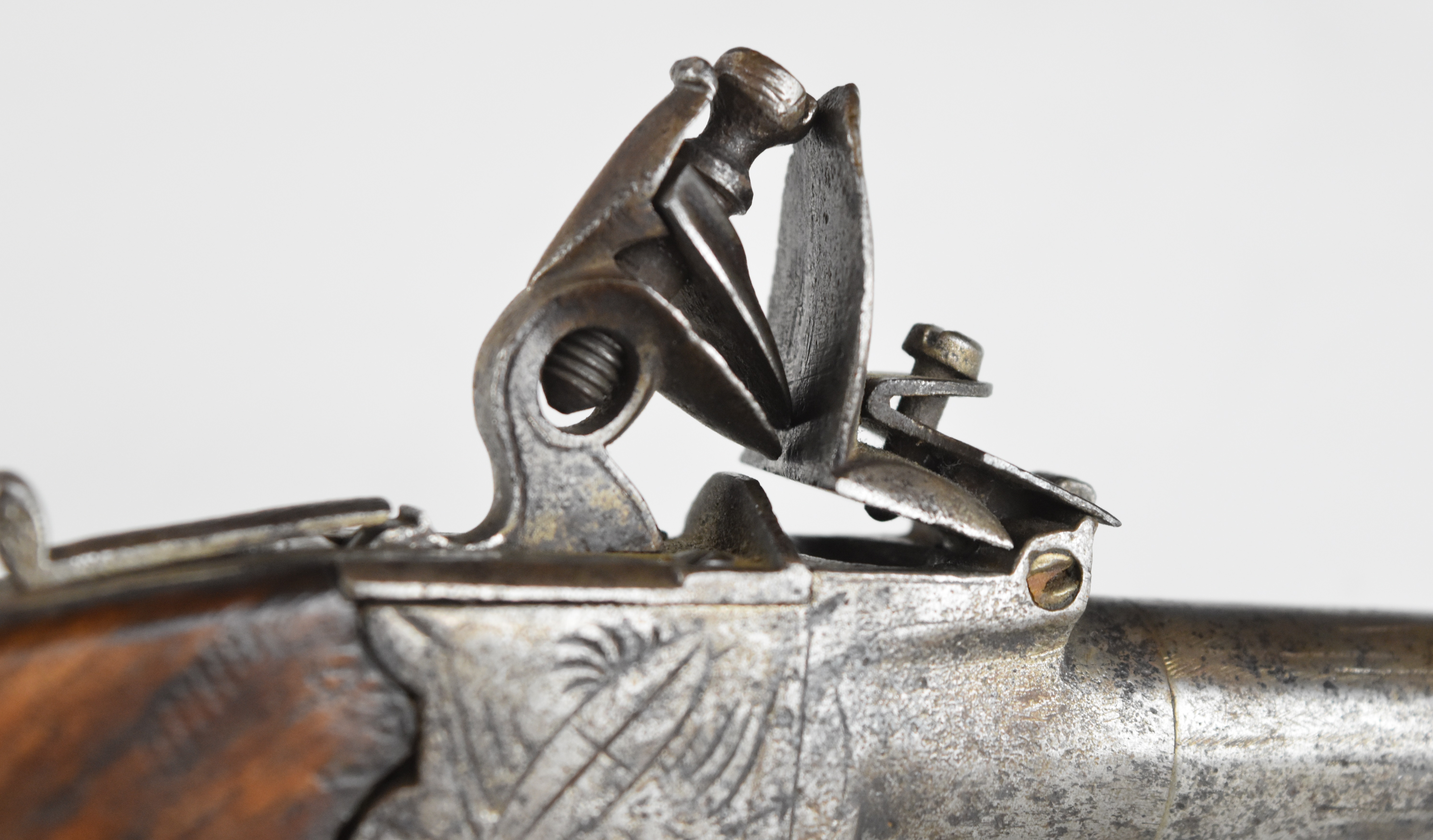 Unnamed 40 bore flintlock pocket pistol with engraved lock, wooden grip and 2 inch turn-off - Image 9 of 12