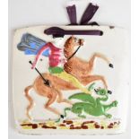 Early 19thC porcelain plaque with decoration in relief of a rider on rearing horse slaying a