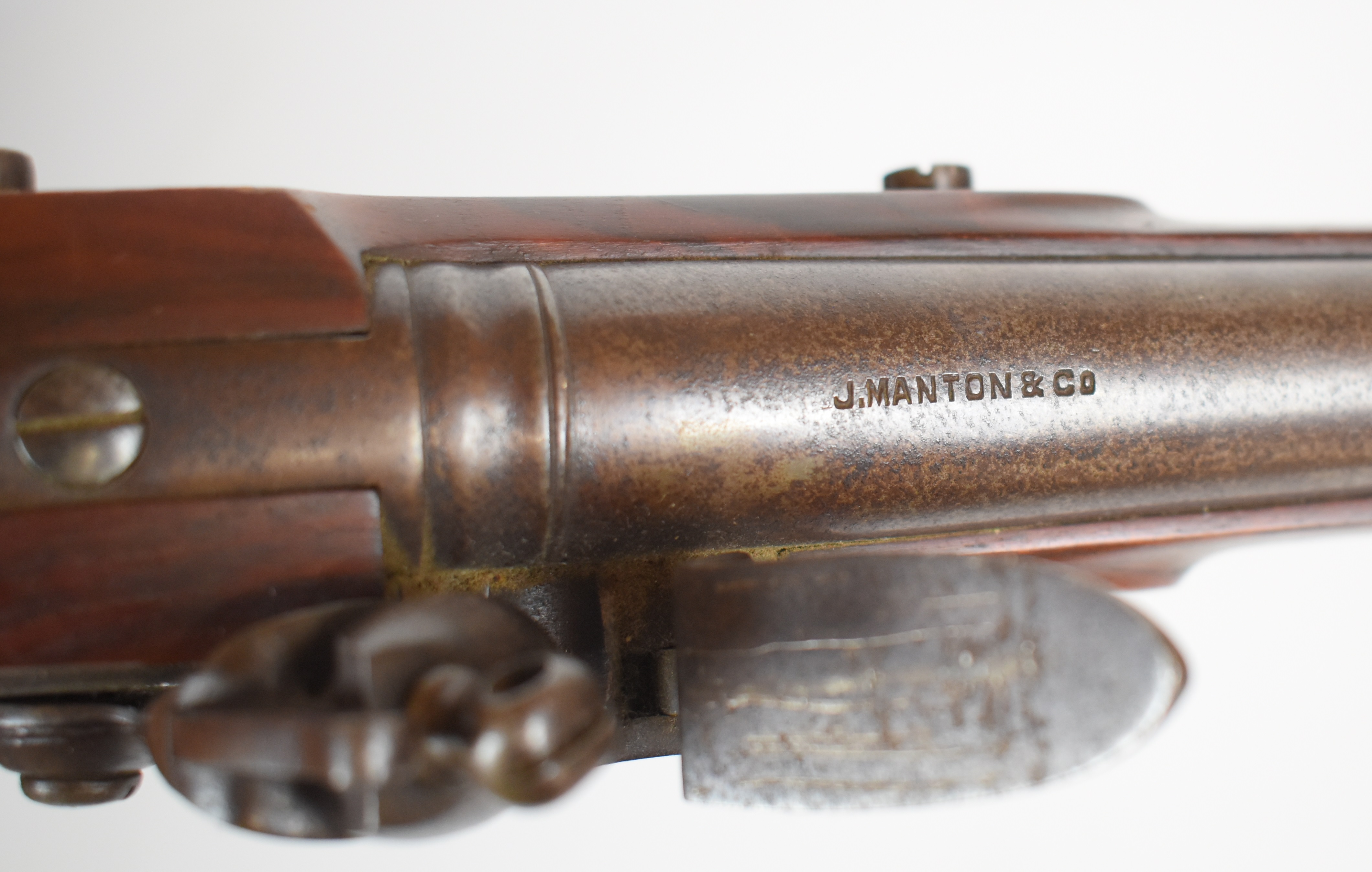 Replica flintlock pistol with lock stamped 'Manton', brass trigger guard, butt plate and mounts, - Bild 4 aus 4