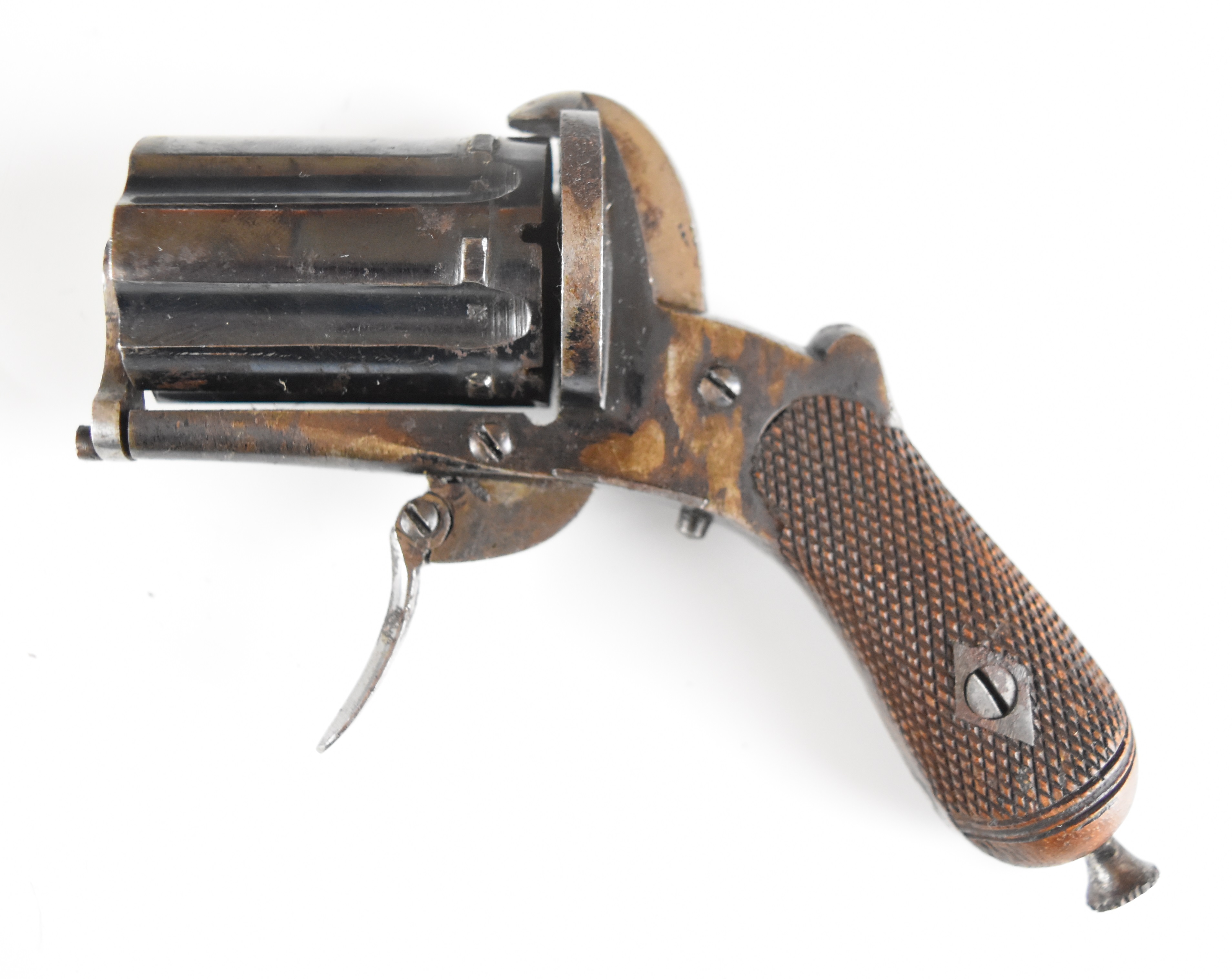 Unnamed 5mm six-shot pinfire hammer action pepperbox pistol/ revolver with chequered wooden grips, - Image 2 of 8