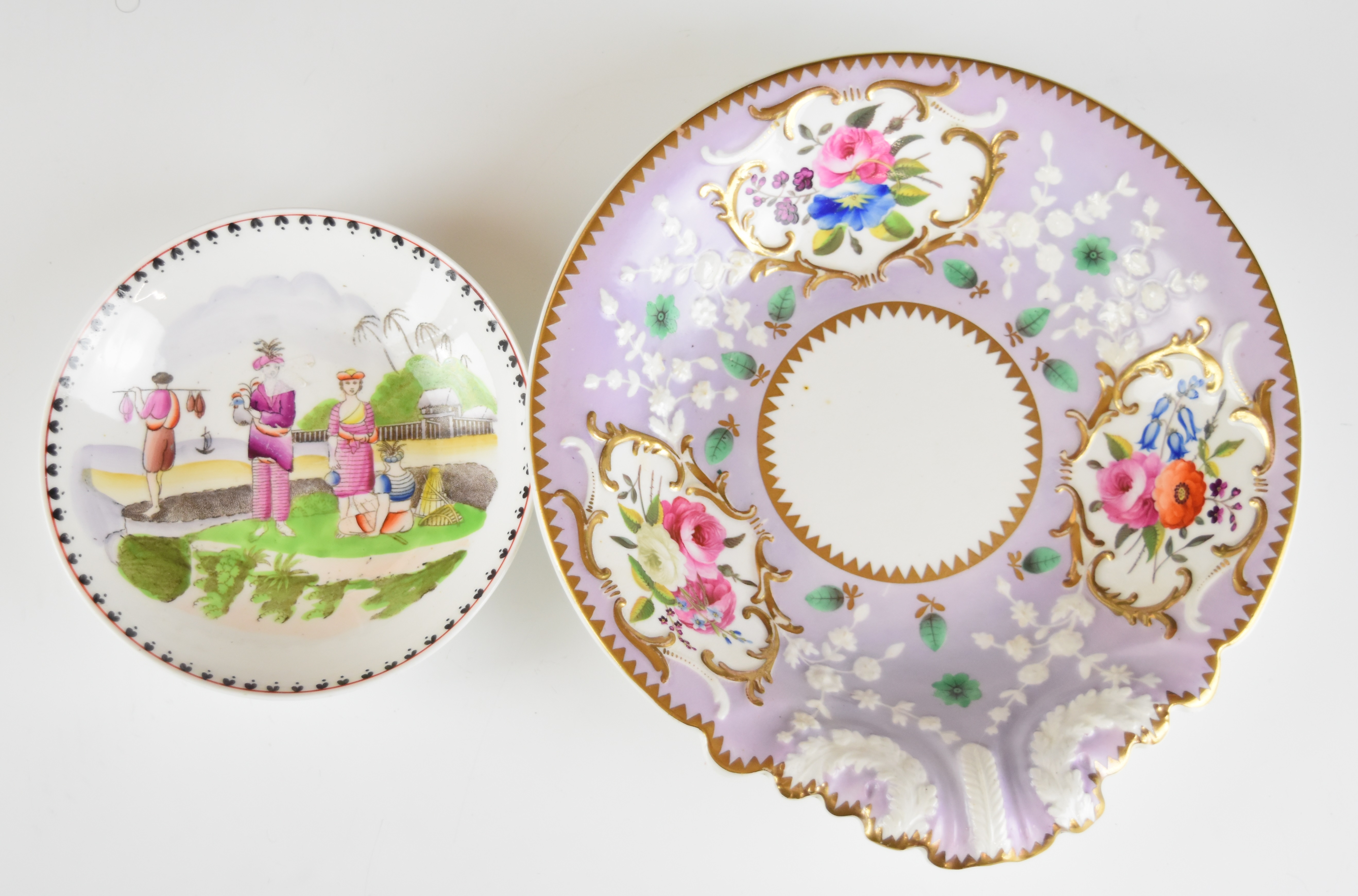 19thC porcelain saucers, dishes, coffee cans and cups including New Hall, Ridgway, bat print - Image 18 of 22