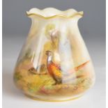 Royal Worcester signed James Stinton pedestal vase with frilled rim, decorated with pheasants,