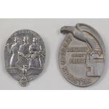 Two German WW2 Nazi Third Reich Tag Der Arebit 1935 Day badge, Adolf Besson Schwab, Gmund to