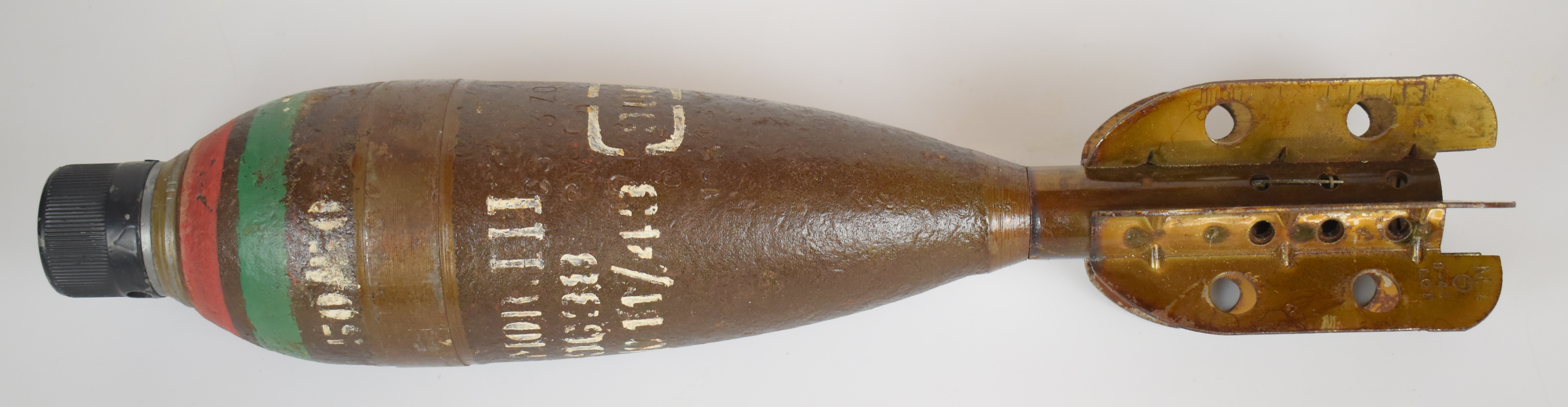 British WW2 3 inch inert mortar round dated 11/43 with fuse and cap