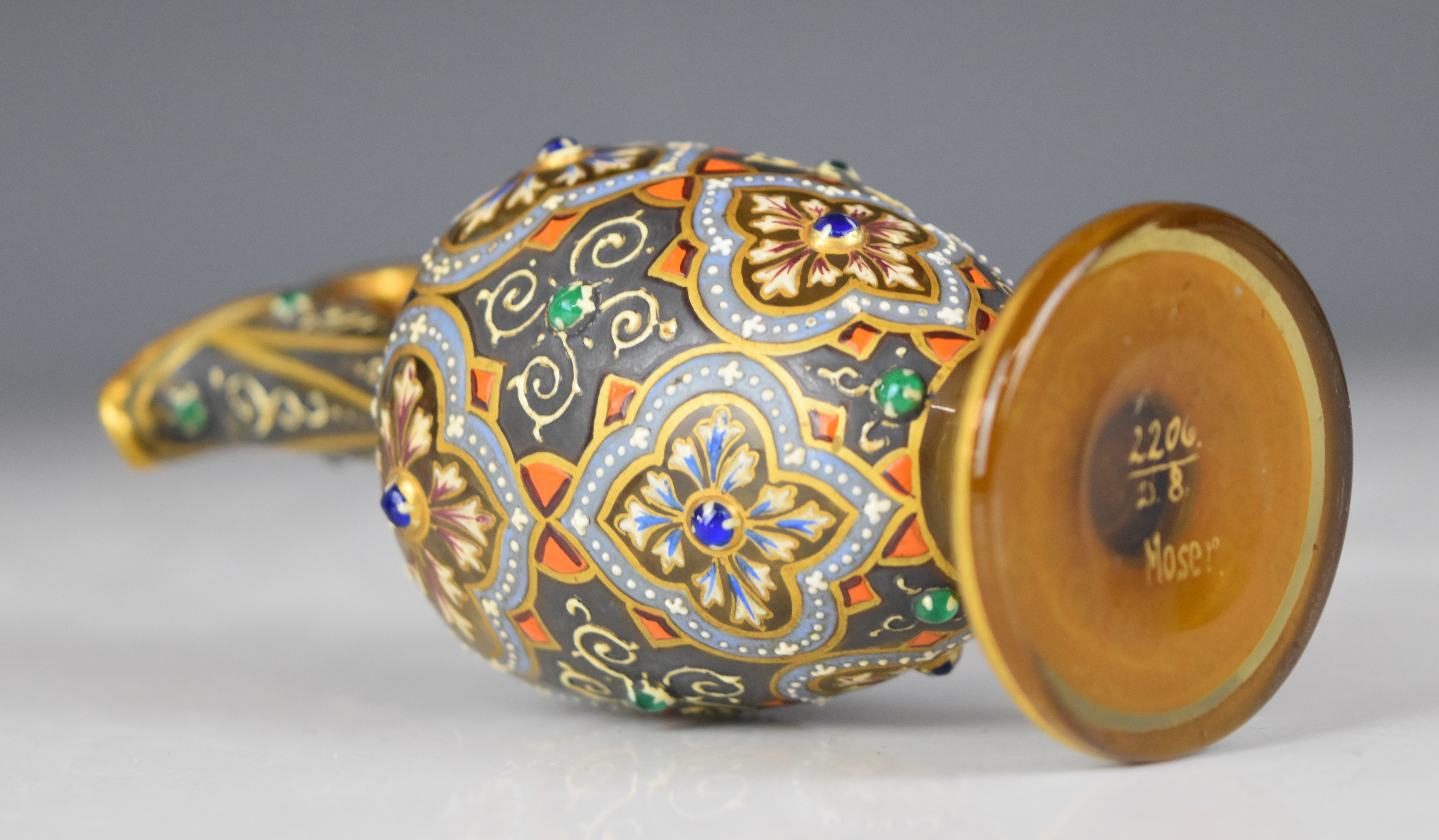 Moser glass pedestal ewer with gilt, enamelled and jewelled decoration, signed and numbered '2206 - Image 11 of 12