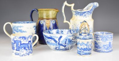 19thC blue and white transfer printed ware including a sifter, large tankard, jug with sporting