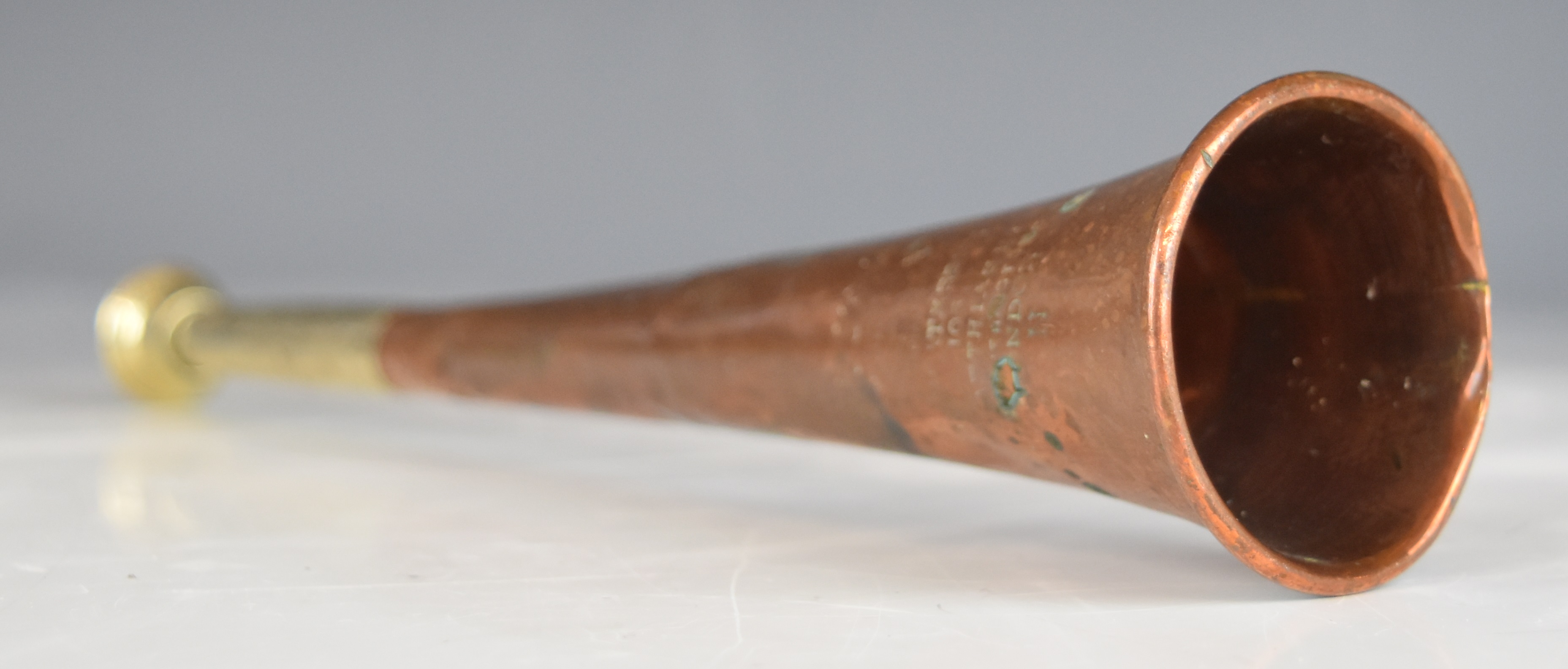 19thC copper and white metal hunting horn, stamped 'Prize medal, Henry Keat and Sons, 105 Mathias