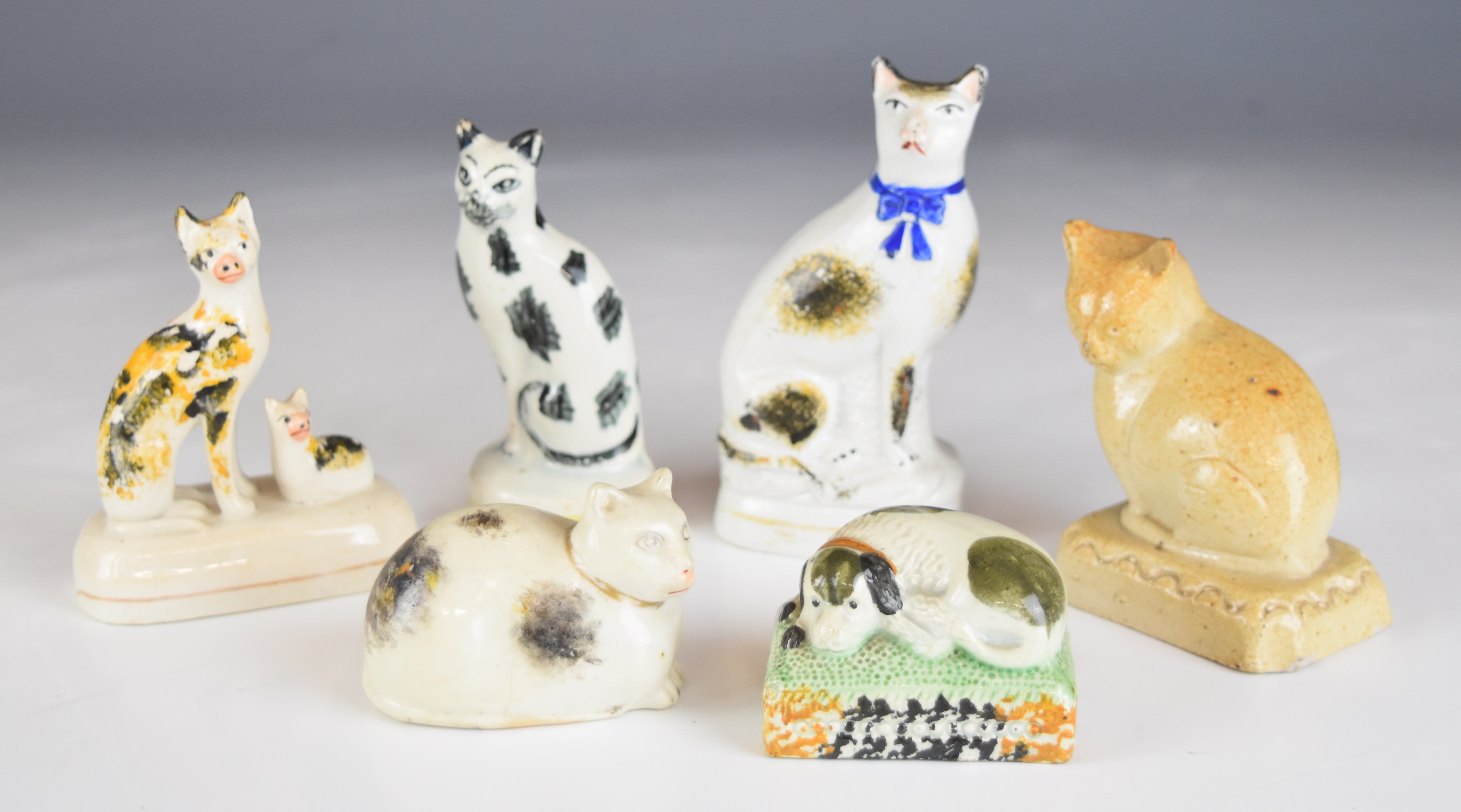 19thC miniature Staffordshire and salt glazed stoneware cat and dog figures including a cat with - Image 5 of 8