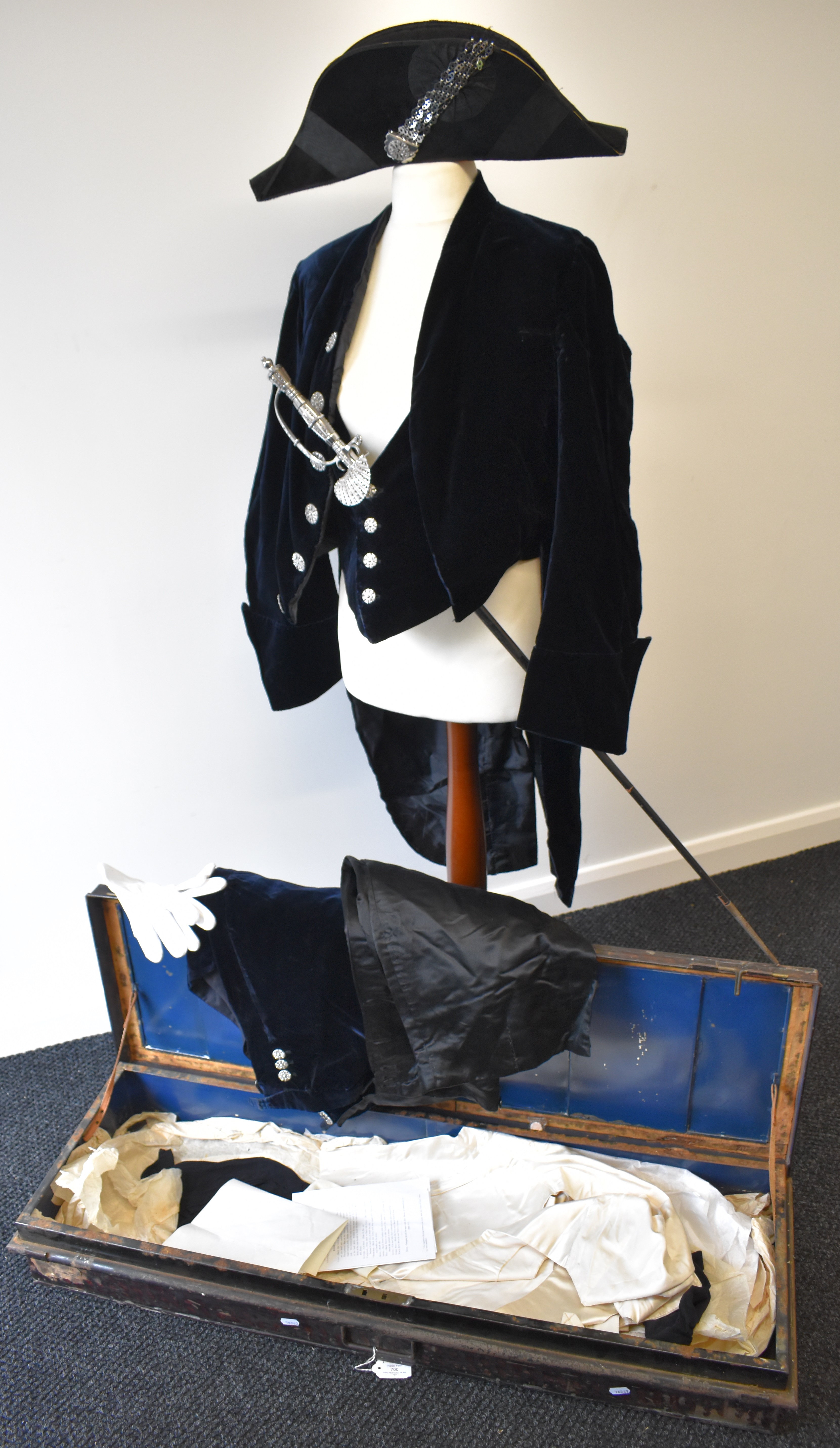 Early 20thC High Sheriff's uniform comprising black velvet coat, velvet breeches and waistcoat,