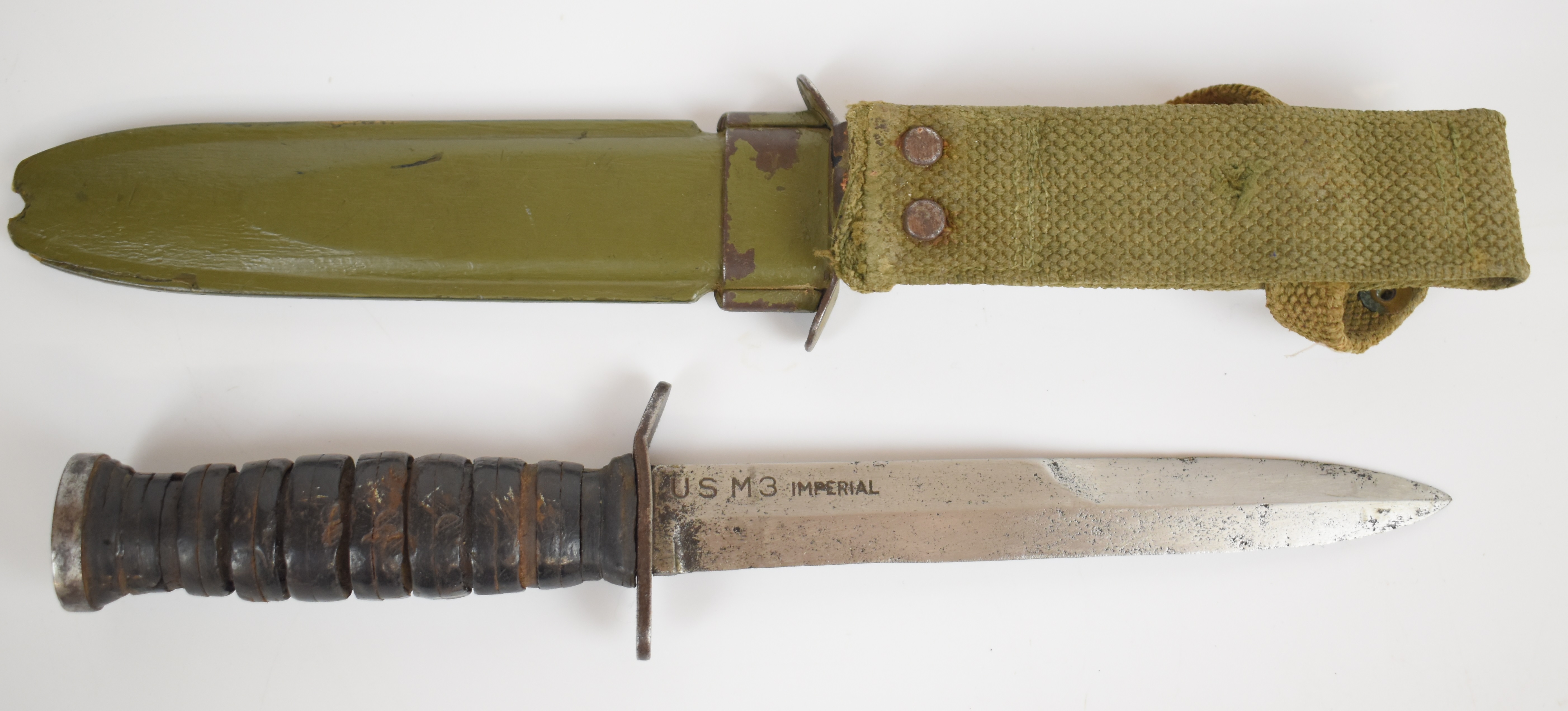 American WW2 fighting knife with leather grip, USM3 Imperial marked to double edged 17cm blade, - Image 2 of 3