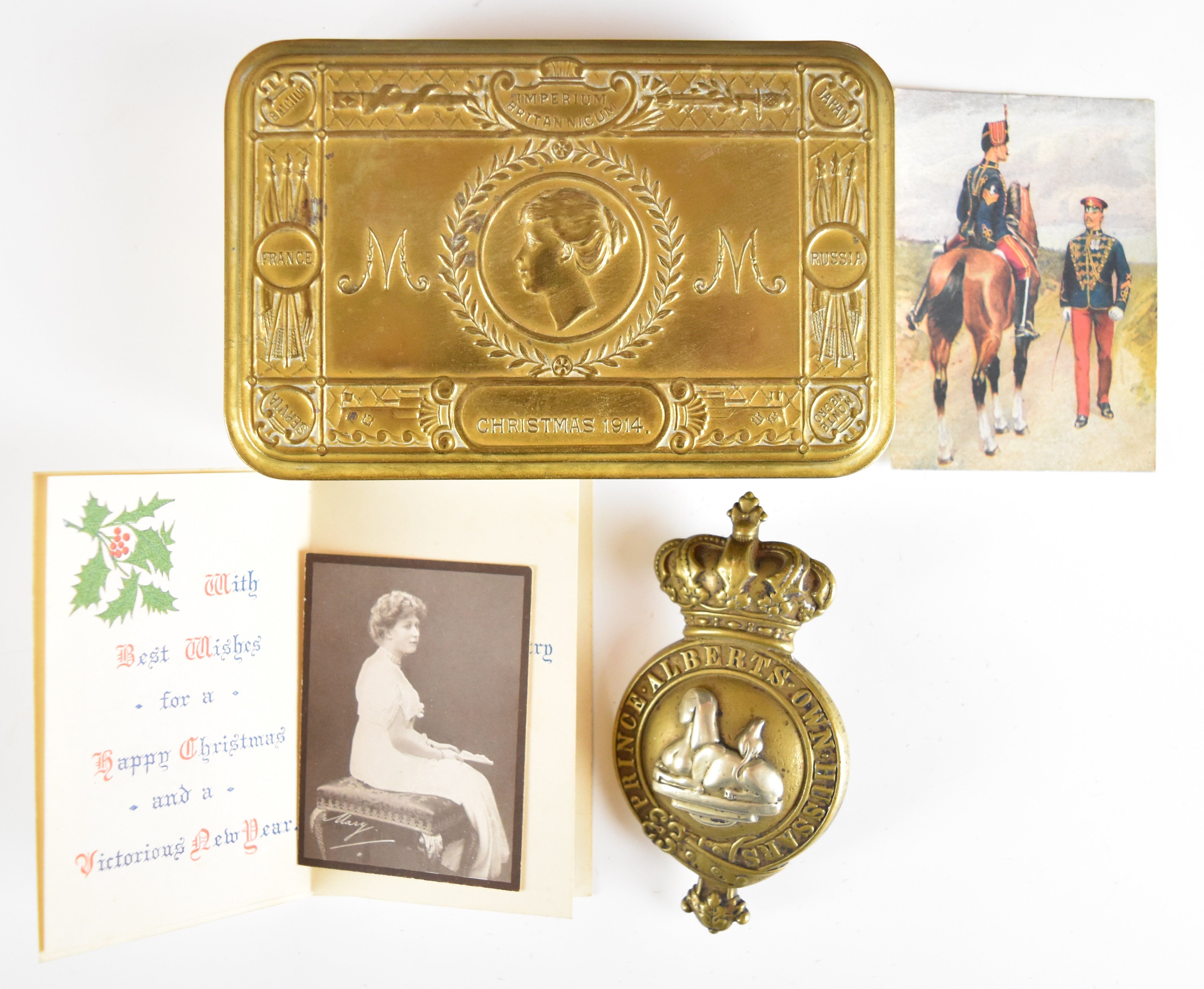 WW1 Princess Mary Christmas tin with Christmas card, photographs and martindale (11th Hussars)