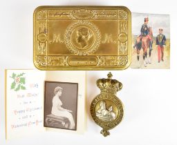 WW1 Princess Mary Christmas tin with Christmas card, photographs and martindale (11th Hussars)