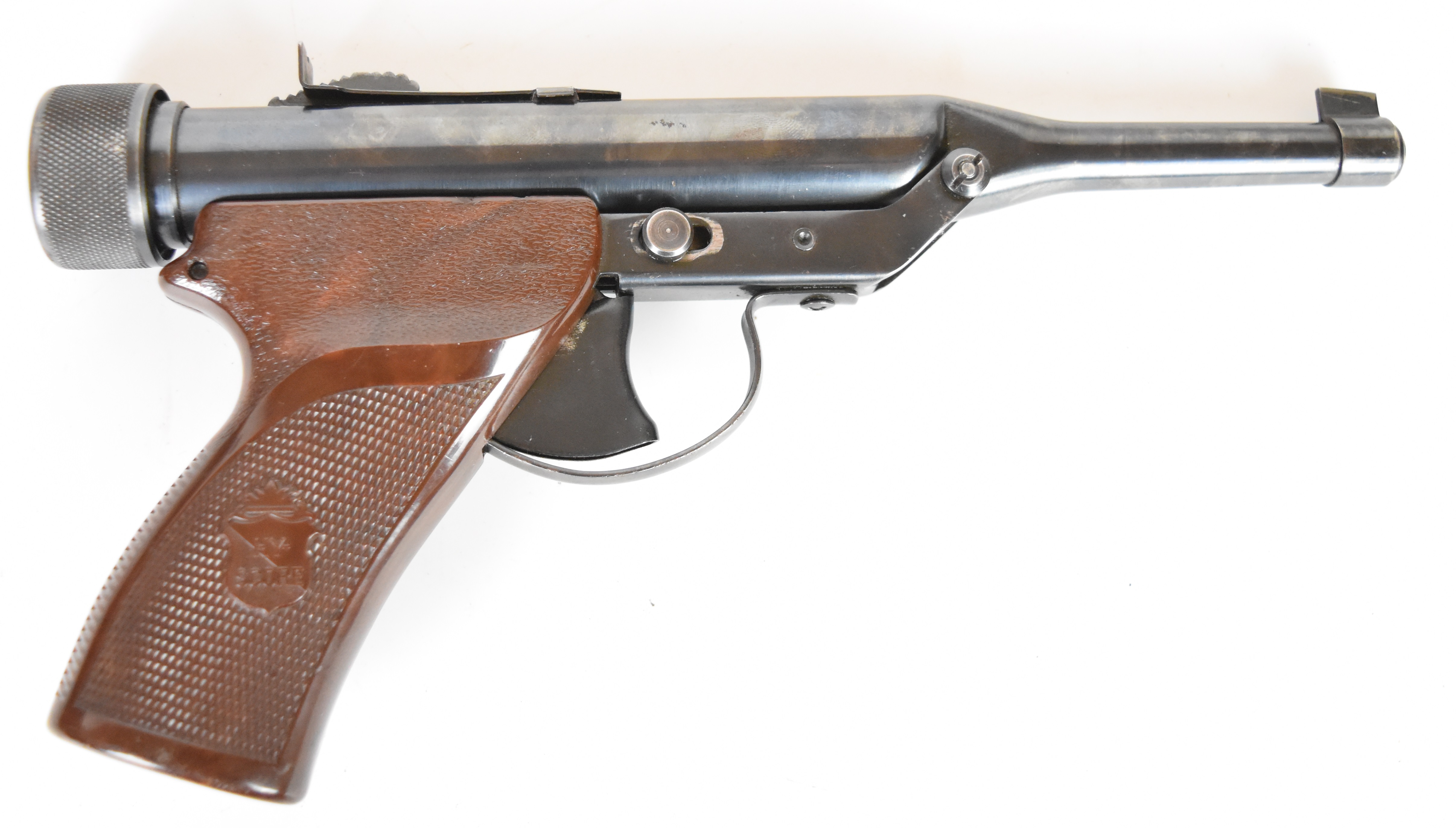 Hy-Score .22 target air pistol with engraved frame, named, shaped and chequered Bakelite grips and - Image 2 of 11