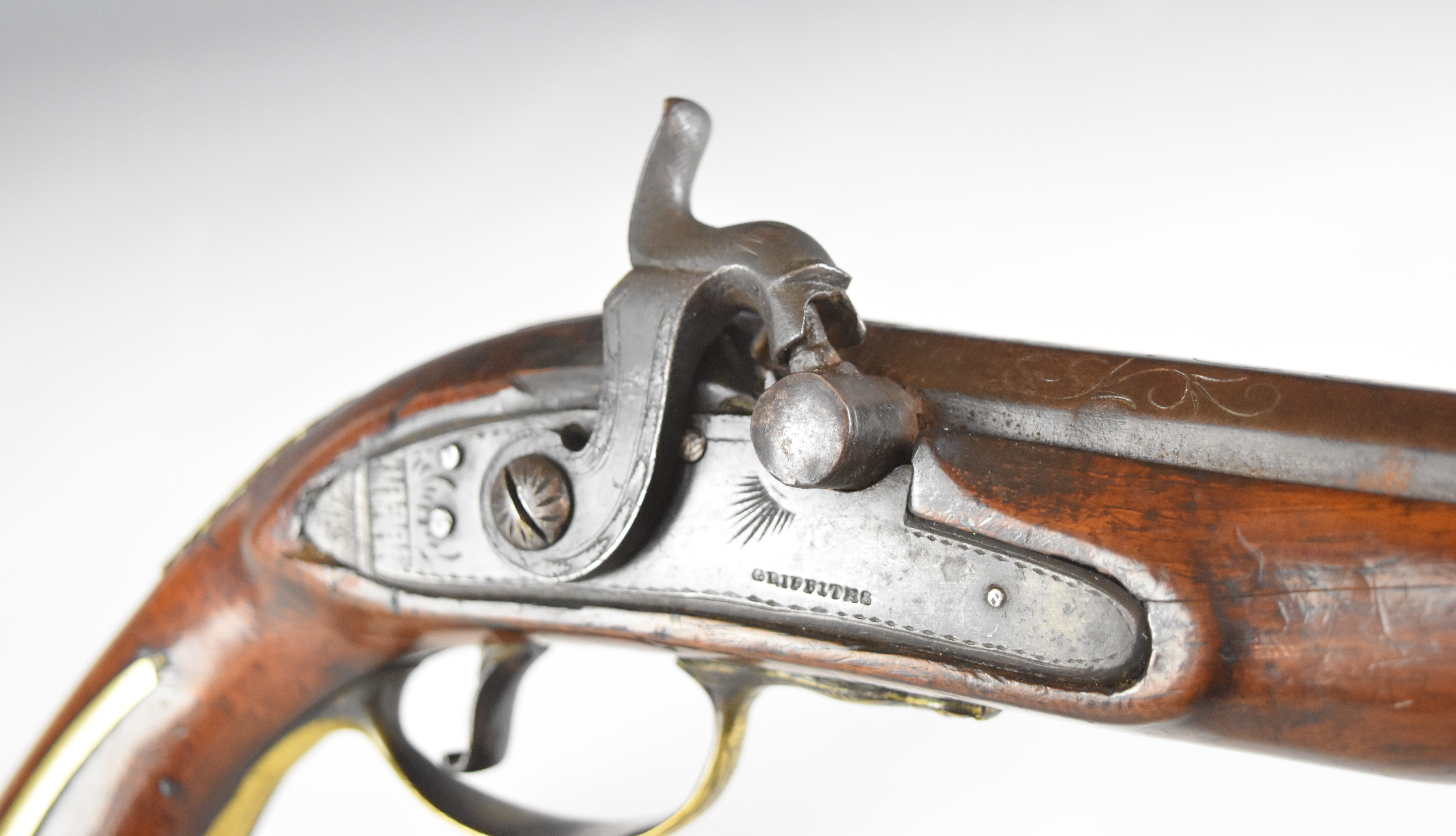 Griffiths percussion converted from flintlock hammer action pistol with named and engraved lock, - Image 9 of 13