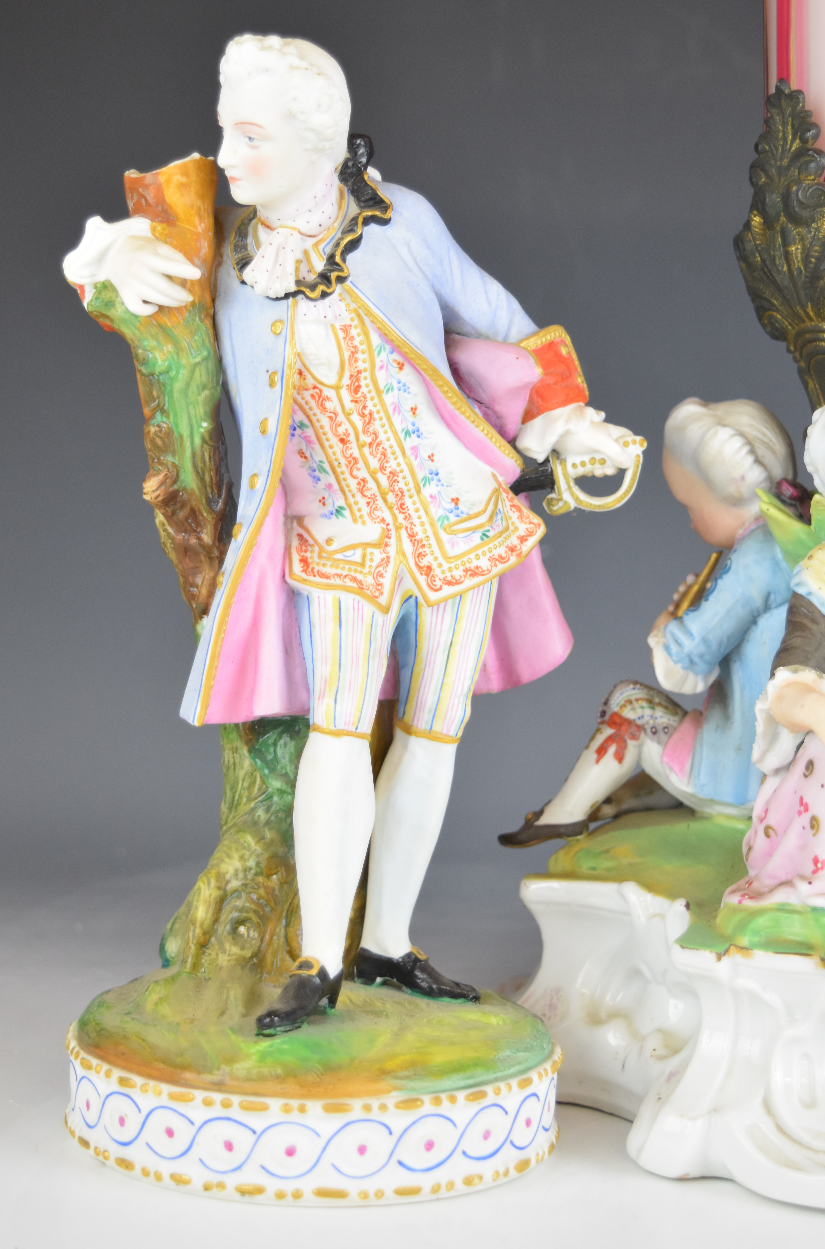 19thC German figural porcelain centrepiece with overlaid, cut and gilded flared glass insert, - Image 2 of 20