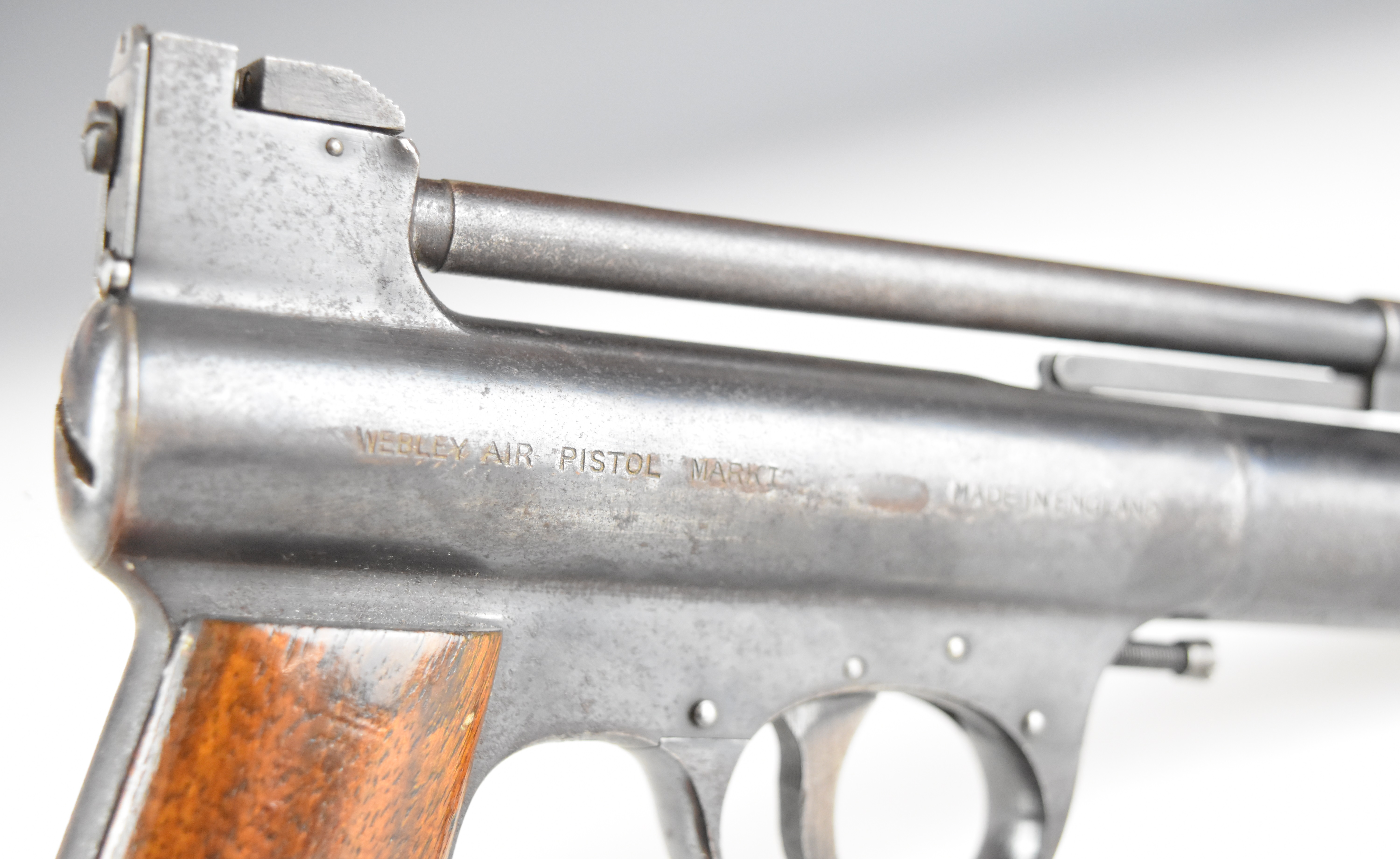 Webley Mark I .177 air pistol with logo inset to the wooden grips and adjustable sights, serial - Image 11 of 13