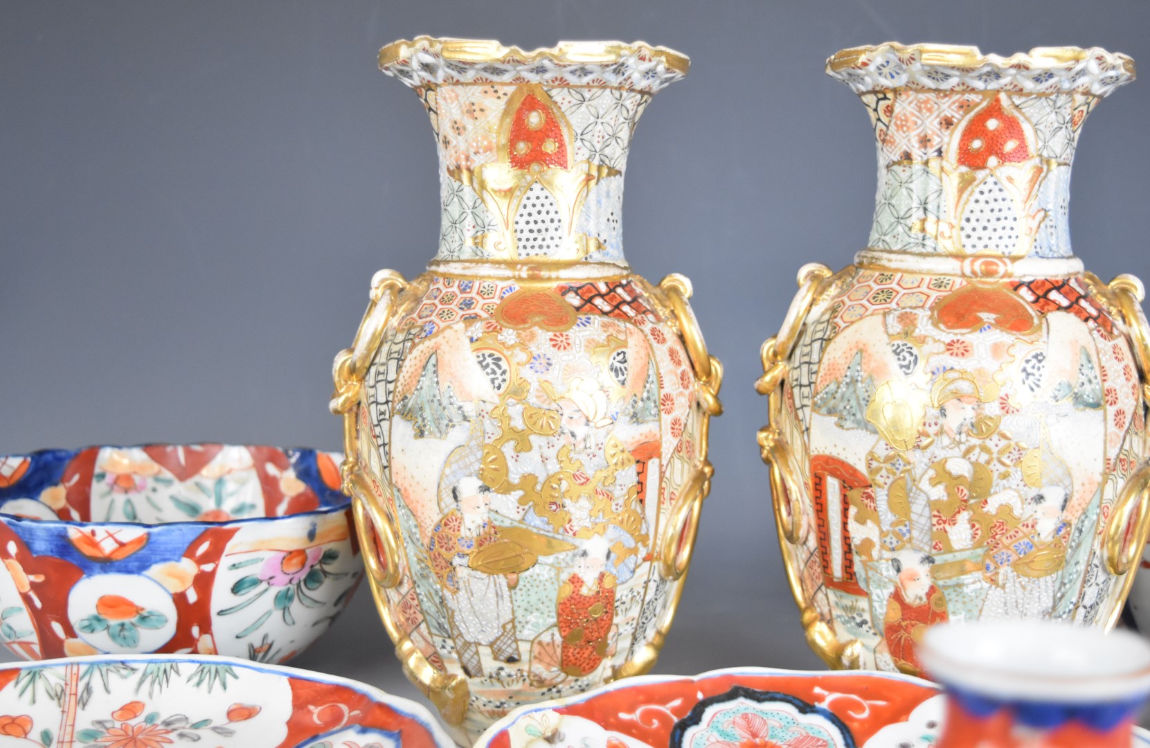 Collection of Japanese Imari and Satsuma ceramics including two pairs of vases, tallest 25cm - Image 2 of 8