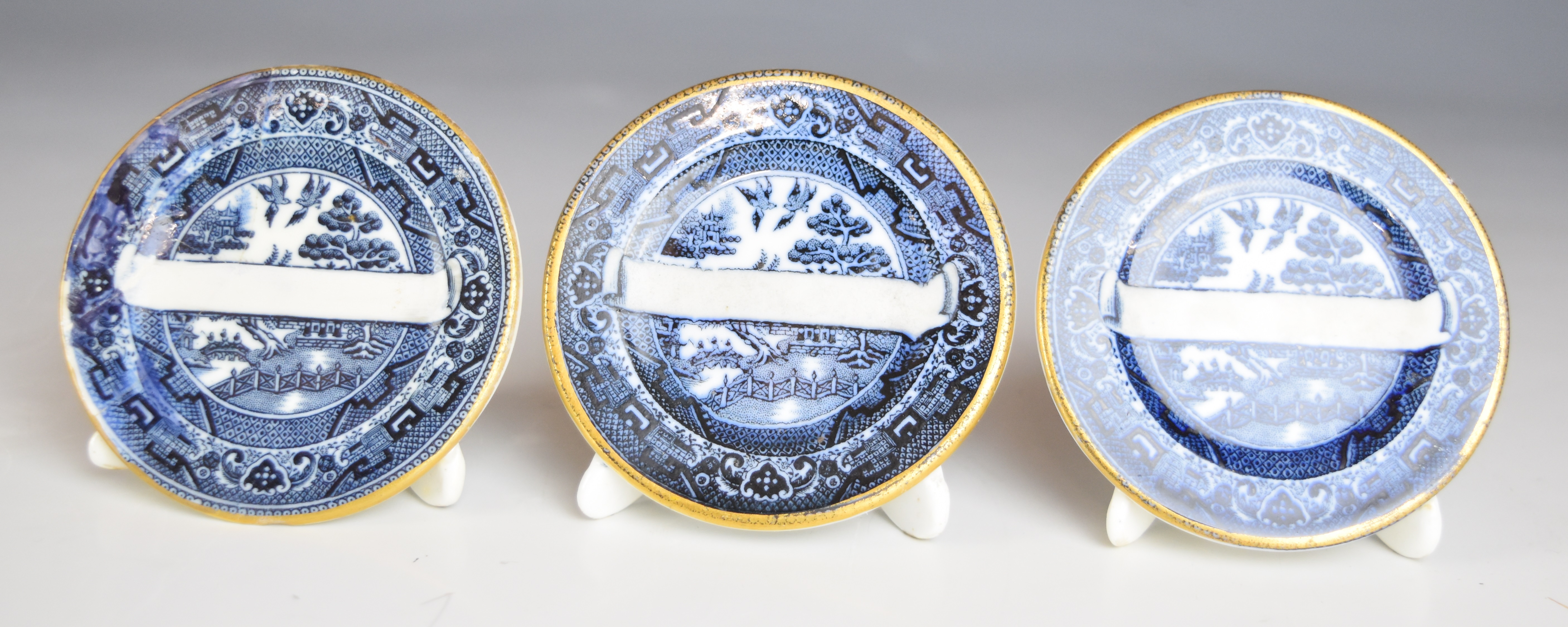 Twelve 19thC blue and white transfer printed circular place name plaques in the form of miniature - Image 5 of 6