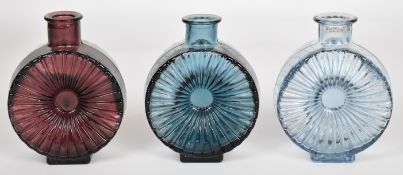 Three Helena Tynell for Riihimaen Lasi Riihimaki Aurinkopullo Sun Bottle glass vases, one with '