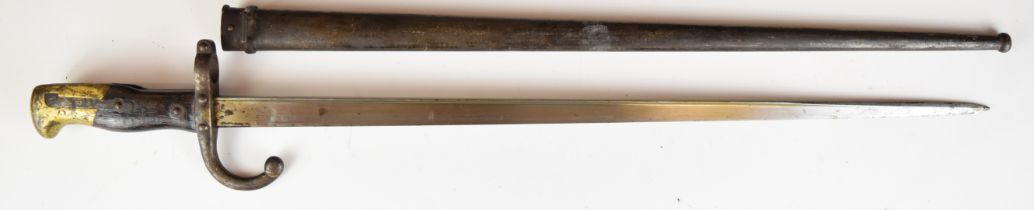 French 1874 pattern Gras bayonet with wooden grips, external lead spring, manufacture date 1880 to