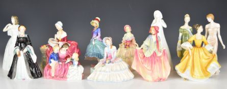 Eleven Royal Doulton figurines including several older examples Irene, Penelope, Pantalettes,