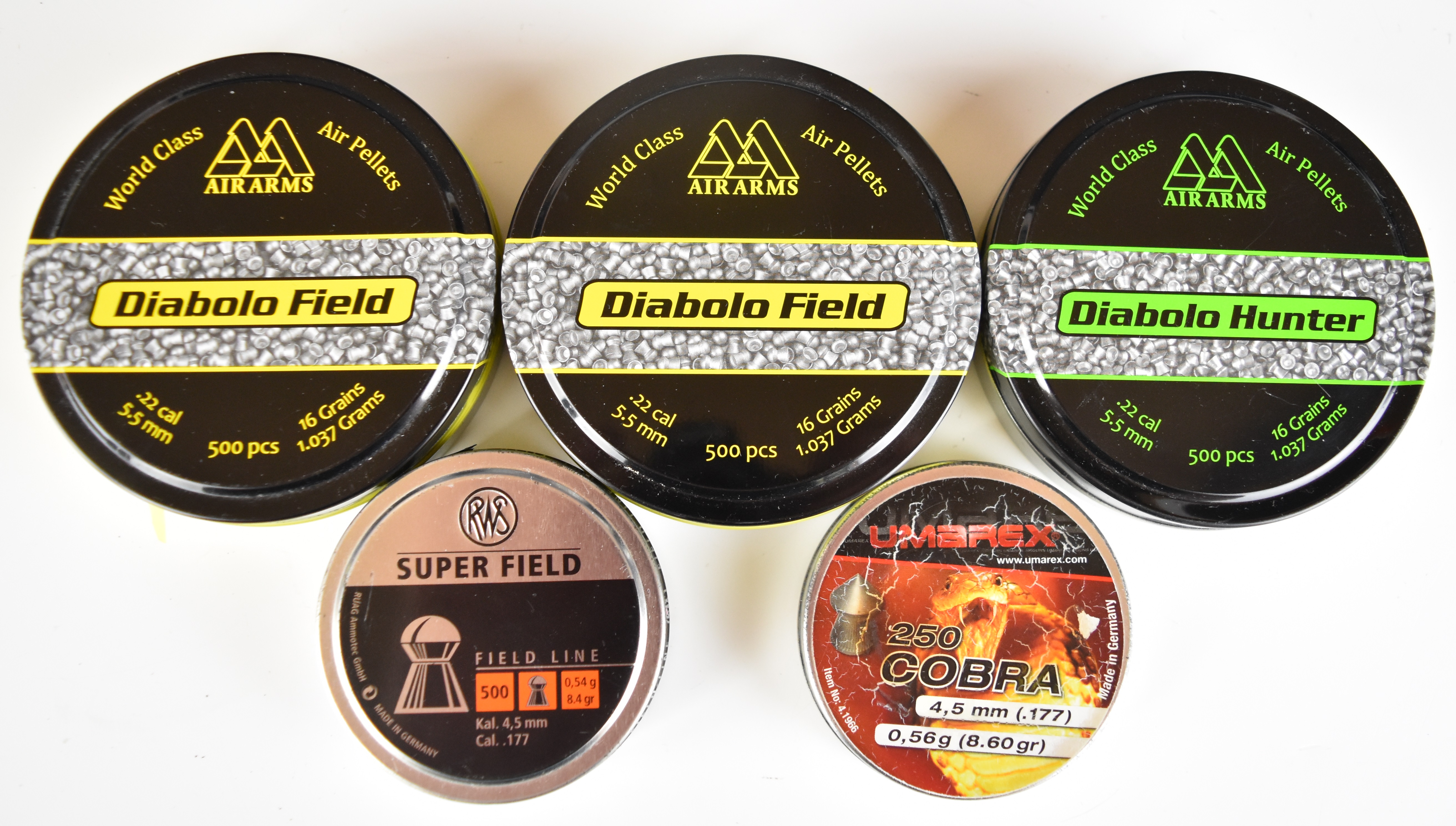 Five tins of .177 and .22 air rifle pellets comprising two Air Arms Diabolo Field, Diabolo Hunter,