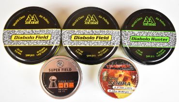 Five tins of .177 and .22 air rifle pellets comprising two Air Arms Diabolo Field, Diabolo Hunter,