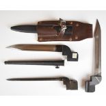 Three British WW2 bayonets No 9 Mk I, two with scabbards, one with frog. PLEASE NOTE ALL BLADED