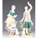 Pair of Sitzendorf / Chelsea style musicians / dancers with lambs at feet, tallest 26cm