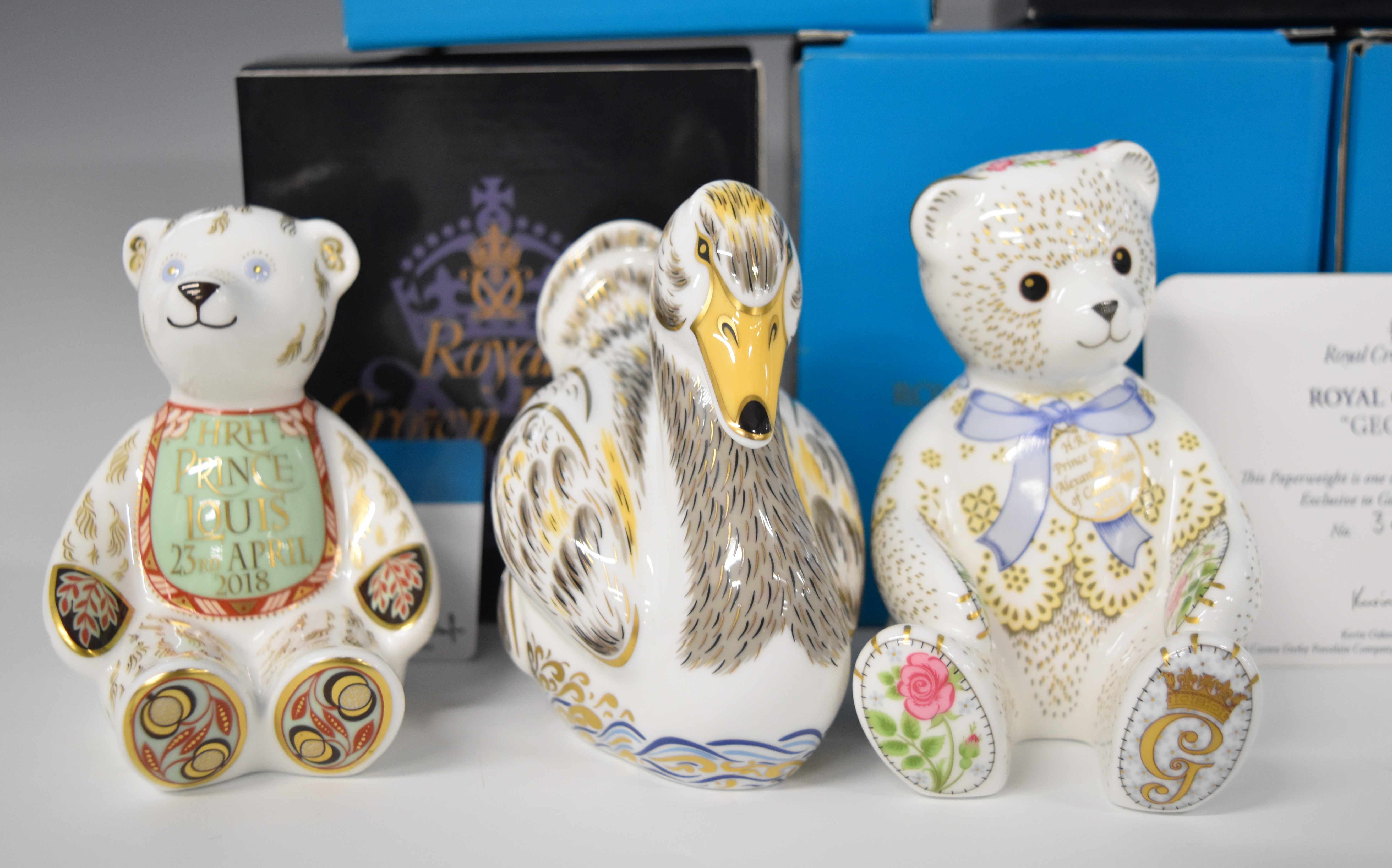 Five Royal Crown Derby Royalty related paperweights comprising Royal Cygnets, George, Charlotte, - Image 7 of 8